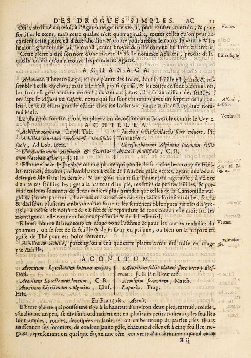 rA DMB.5 R O G Ü E Safl VILLES. AC n On à attribue autrefois à l’Agate une grande vettu, pour refifter au venin J 3c pour fortifier le cœur; mais cette qualité n’eft qu’imaginaire, toutes celles qu’on: peur ac- corderà cette pierre eft d’être alcaline,&propre poiir arrêter le cours de ventre & les hémorragies comme fait le corail , étant broyée & prifl comme lui intérieurement. Cette pierre a tiré fon nom d’ütic riviere de Sicile nonimée Achates , proche de la- Etimoloei quelle on dit qu’on a trouvé les premières ^ - ***5 * ^srîÊ? * ioq y. qou*)Vif. ïîjtioî 3«c*g % *sà ïttpt'Bg jnaioied Ægtïjl A N A C A; qcm uiiftrq ^iiüd’b Achdhtéca, Theveto Lugd. efl une plante des Indes, dont la feuille efl grinde 3c rd- fembleacelle du chou, mais elle n’eft pas fi épaifle, &c les codes en font jpïfiftèüdréli fon fruit eft gros comme un œuf, de couleur jaune , il naît âu milieu des feuilles ; ©^nkpelîe Alfard ou Lefâch, noms qui lui font communs avec un ferpent de fa cou- Alfard leût; ce fruit eft en grande eftirne chez les Indiensjla plante croît auRoyàarae nom- l‘-iaCK‘ mé Mely. 5bQ£ 201 é f i La plante 3c fon friait-font employez en decoétion pour la vérole comme le Gayac. io‘ijp noHtaïqxsfl iï£fj bnsnp * .§$* 3$î ^r^~2jjp3* aupbijp thiv iirtavsb ■looq Vertus. >1 Fi o üp nuiuaiq AchlMea mont An a . ^Achlllea montant arthemefîœ tenulfolll facle, Ad Lob. Icon. !ï pinurk & S cher k- g mu a ACHILLE A. jacch&afoins ferulacds flore minore, Fit Tournefort. Cbryfanthemtim Alplnum incanum fol lis abrotoril rnultlflclis , C. B* ! 33 crm « ni y üb ximnilol îiiuis’I r-.-orî :£i 51 m gl Eft üneefpeee de Jaebbée ou une plante qui pôùfTe de fa racine beaucoup de feiiil- Vo^ p.j# j*. les menues, étroites, reflemblantes à celle de l’Anrône mâle vertes, ayant une odeur %•2- defeagreaWe fi on les écrafe, 3c un goût tirant fur l’amer peu agréable ; il s’élève d’entte ces feuilles des tiges à la hauteur d un pié, revêtues de petites feütHeÿ, 3c ppr^ -, 1 r , C\ |> / I », : ti lt », « I • divtfé en plufieurs arhbryons d’où fortent dès feménees oblongues garnies d’ai g re¬ tek ; fa racine eft noirâtre 8c eft fibréè fe répandant de tous cotez ; elle croît fur lek montagnes , elle contient beaucoupd’huile 3c du fel efFentiel. Elfe eft bonne êc beaucoup en ufage pour iafthme Sc pour les autres maladies du Vertus poumon, on fe fert de fa feuille & de f& fleur en ptifane , ou bien on la préparé eii guife de Thé pour en boire fouvent. Acblllea ab Achille, parce qu’on a cru que cette plante avoir été mife en ufage gic par Achille» A CO N I T U M. ,_y 'Vî i ■J i} i. ^Aconltum follts flatanl flore Intco pallef cerne , J. B. Pir. Tournef. Acomtum fecundum > Martb». Ltopark, Trag. iop 8tfji ïsa >j > f a r :| . A «_L àfjD I.}i£ ^ H 2-0 ii O ^ Acomtum lytoÜonum luteum ma jus, Dods . fl . rdv ïrj f SîÙ •' vAcomtum LycoÜonum luteum , C. B. Aconitum LkoÜonum vulgarités , Clùf, Hift. ( ,L& ' ■> En François ? Aconit. Efl: une plante qui poulie une tige à la hauteur d’environ deux pîez, me nue, ronde 3, s’inclinant un peu, fe divifant ordinairement en plufieurs petits rameaux; fe s feuilles font amples , rondes, decoùpées en lanières ou en beaucoup de parties ; fes fleurs* iiailfent en fes fommets, de couleur jaune pâle, chacune d’elles eft à cinq feuilles iné¬ galés reprefentant en quelque façon une tête couverte d’un beaume : quand cettç^ B ij.. r.,:!3ljBAp i iiioCI «aoBib