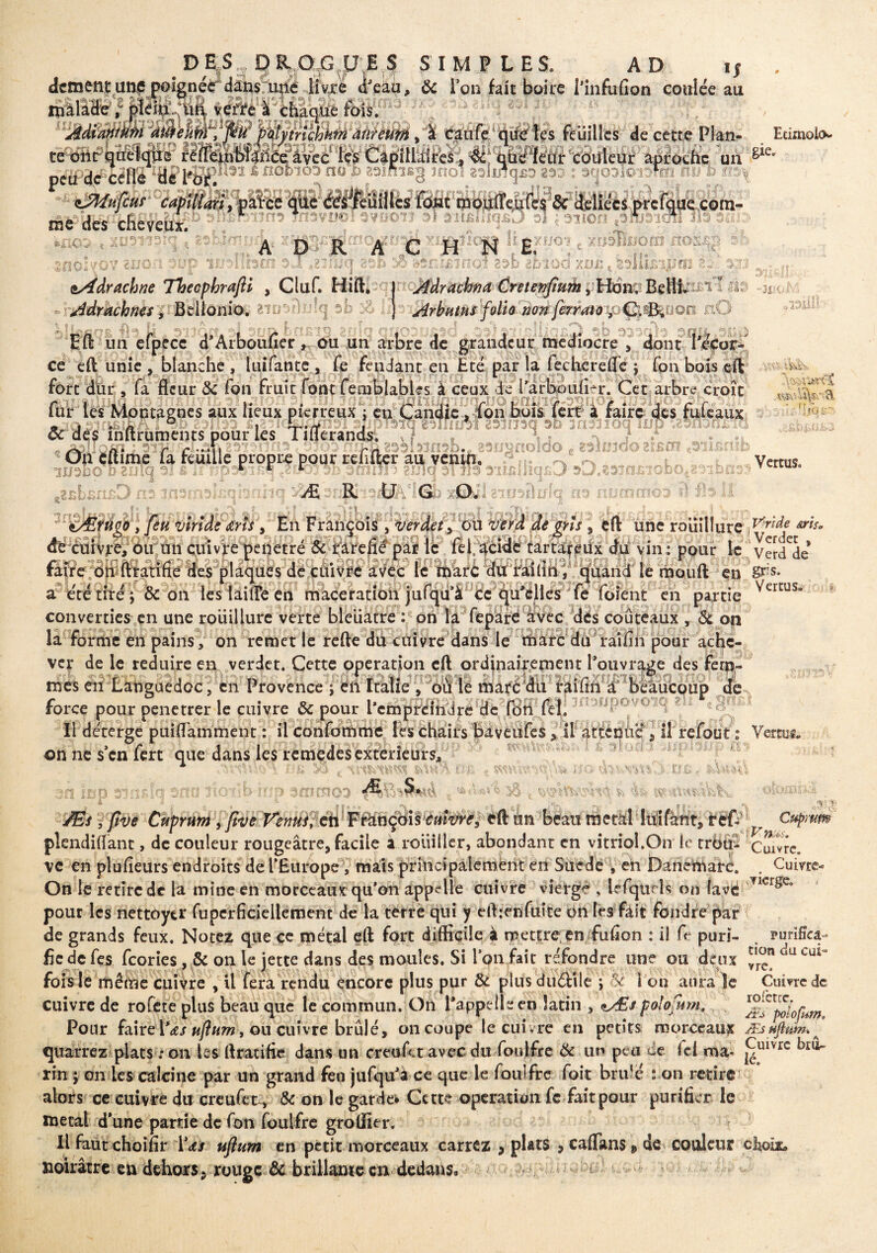 DES p Wpn.ES SIMPLES. AD if dcment une poignée dans unt livre i'eaù, & l'on fait boire l'infufion coulée au râWTfcÊlaiie fois. WBjuu«i»9Mi2it>i«sp sm^aSifiminia v kMtottfcœfe micut me des cheveux. ►nos , XD3W9KÎ , «h! , A \ f B SflOIvOY 2JJO: 4 , esfdracbne Thecphrajli , Cluf. Hift. Adrachnes, Belionio. awflnlq eb ^ A C H i 3d aZiiuc| asb 50 àsrugtnol f llg xbbm c ssL afciüd xm:. r^IH um Adrachnct Cretenfium, Hon. Belli. : i a CL* !rlL ,,  !/’ «• ■ r~\ | A » tv.. ù-jh 0 13 #07? & is .. 3 Eft un efpecc d’Arboufier, ou un arbre de grandeur médiocre , dont ï'éçor- ce eft unie , blanche , luifante, fe fendant en Eté par la fecherefle ; fon bois eft fort dur , fa fleur de fon fruit font femblables à ceux 4e l’arboufin*. Cet ârore croît fur les Montagnes aux lieux pierreux ; en Candie , fon buis fert a faire des ftifeaux - . *. A ô , C./f , E^TfuÆf 23lîî3q ob îfiJiioq TuT>*2oHo{tOT or des inftruments pour les Tiflerands, On cftime la reuille propre pour rdifter au venin. r r r fZsbBïiBD :\t .-rie: Æ K UY G tÆruoo , y5« <em , En François , verdet> ou 4e'ms , eft une roüillure ]tfride srt- !e cuivre, ou un cuivre pénétré Si raréfié par le fel acide tartareux du vin : pour le verdde aire on ftratifie des plaques de cuivre avec îe marc du raîün, quand le mouft en Stis* a t'tétrréj & on les laiiîe en macération jufqu’à ce qu'elles fe foient en partie ^ercus* converties en une roüillure verte bleuâtre : on la fepare avec dés couteaux , de on la forme en pains, on remet le refte du cuivre dans le rbarc dii raifin pour ache¬ ver de le réduire en verdet. Cette operation eft ordinairement l’ouvrage des fem¬ mes en Languedoc, en Provence i en Italie , où le marc du raifin a beaucoup de force pour penetrer le cuivre de pour Pcmpreindre de fon fel. Il déterge puiflamment : il confomme les chairs baveùfes, il attcnûe , il refont : Vertus i np» çVn ferr mif» dans les remedés èvrerïénrs. r\\*fc r;a 4s» otoroiîà un ■ béaft rrietM - liïifÿfit, fdÙ ' Cuprum plendilfant, de couleur rougeâtre, facile a rouiller, abondant en vitriol.On le trbü- Cuivre, vc en plufieurs endroits de l’Europe , maïs priucipalemént en Suède , eh Danemarc. . Cuivre- On le retire de la mine en morceaux qu’on appelle cuivre vierge * Irfqiu K on lavé T1^rge° pour les nettoyer fupcrficiellement de la terre qui y eft:enfüite bftlrs fâit fondre par de grands feux. Notez que çe métal eft fort difficile à mettre en fufion : il fe puri- . purifiât » fiedefes feories , de on le jette dans des moules. Si l’on fait réfondre une ou deux ucu*” fois le même cuivre , U fera rendu encore plus pur de plusduéUle j fe i on aura le Cuivre de cuivre de rofete plus beau que le commun. On l’appetlïet) latin , <u£i polofum. ^c^w< Pour faire Vas uftum , ou cuivre brûlé, on coupe le cuivre en petits morceaux Æsuftum. quarrez plats ; on les ftratifie dans un creufct avec du foulfre de un peu de Ici ma- ^ rin ; on les calcine par un grand fen jufqu’à ce que le foulfre foit bru’c : on retire alors ce cuivre du creufet, de on le garde* Cette operation fc fait pour purifier le métal d’une partie de fon fouifre greffier. Il faut choifir l’^j ufium en petit morceaux carrez , plats ? caflans » de codeur clioix, noirâtre en dehors, rouge de brillante en dedans. .. ■ ■ t ‘ ; '1.101^/ -, j£>'DibO Jé»'3 t T fa 0IJlqf 31 m aïklliqüD 30.?31fl£lODO^2 iolq 83 nnenffioo î) fl ,r' Vertus. de on ne s’en fert que dans les remedes extérieurs, lîfi >j t ùf. an ino sinsfà ono lîoilbîop ammoa ; Ive Cuprum , me Vertus, c Cuivre bru-