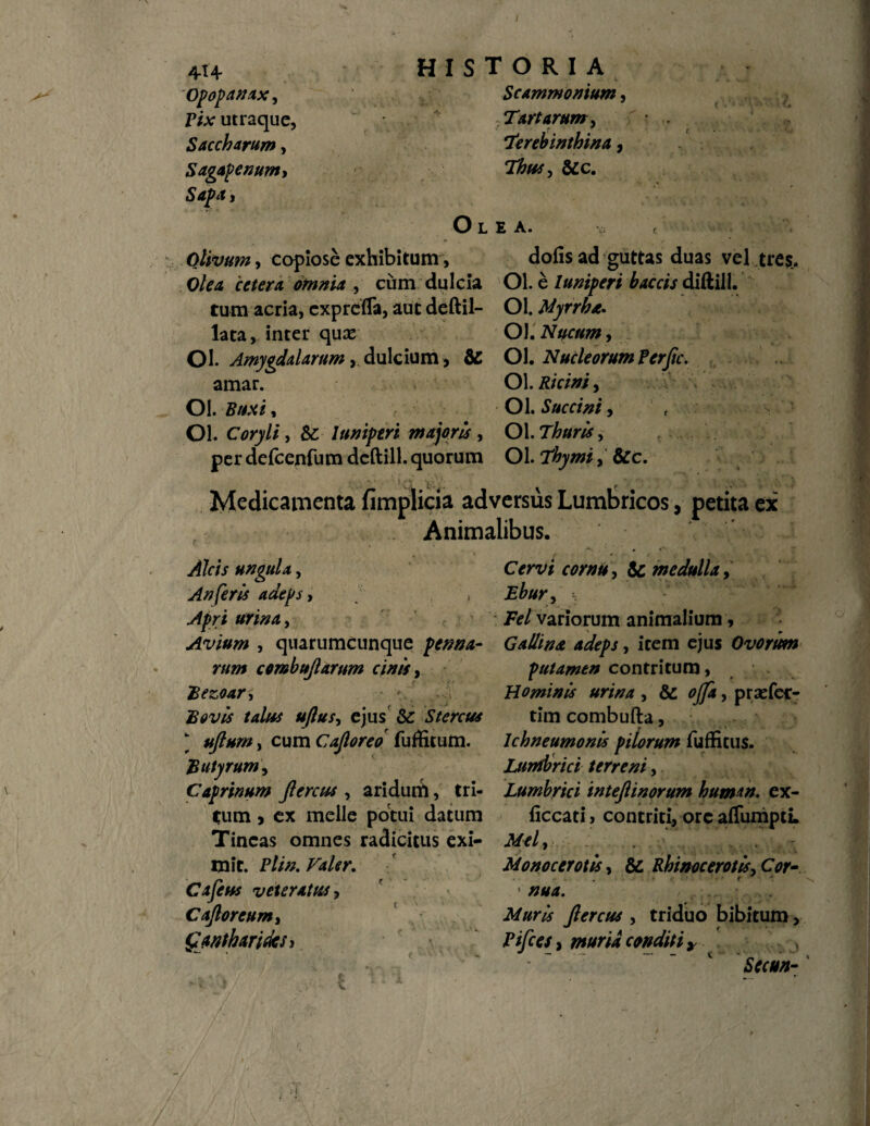 4H Opopanax, Vix utraque, Saccharum, Sagapenumy historia Scammonium, Tartarum, Terebinthina, 7#»f, &c. «Sd/w, Olea. Olivum, copiose exhibitum, dofis ad guttas duas vel tres.. Olea cetera omnia , cum dulcia Ol. e luniperi hac cis diftill. tum acria, exprefla, aut deftil- Ol. Myrrha. lata, inter quas OJ.iV^w, Ol. Amygdalarum, dulcium, & Ol. Nucleorum Perjic. amar. Ol. Ricini, Ol. , Ol. Succini, Ol. Coryli, & luniperi majoris , Ol. T/wra, per delcenfum dcftill. quorum Ol. Thymi, &c. Medicamenta fimplicia adversus Lumbricos, petita ex Animalibus. Alcis ungula, An feris adeps, Apri urina Cervi cornu, & medulla, Ebur, Fel variorum animalium, Avium , quarumcunque penna- Gallina adeps, item ejus Ovorum rum combujlarum cinis, Fezoar-, E ovis talus uflus, ejus & Stercus \ uflum, cum Cajloreo fuffitum. jButyrum putamen contritum, Hominis urina , & 0J/4, praefec¬ ti m combufta, Ichneumonis pilorum fuffitus. Lumbrici terreni, Caprinum Jlercus , aridum, tri- Lumbrici intejiinorum hum*n. ex- tum , cx meile potui datum ficcati, contriti, orc afliimptL Tincas omnes radicitus exi- Mely mit. Plin. Valer. Monocerotis, & Rhinocerotis, C^r- Cafeus veteratus, r • Cafloreum, Muris Jlercus , triduo bibitum, (Jantbarides i Vifces > muria conditi* Secun- e ■- a ~ • .