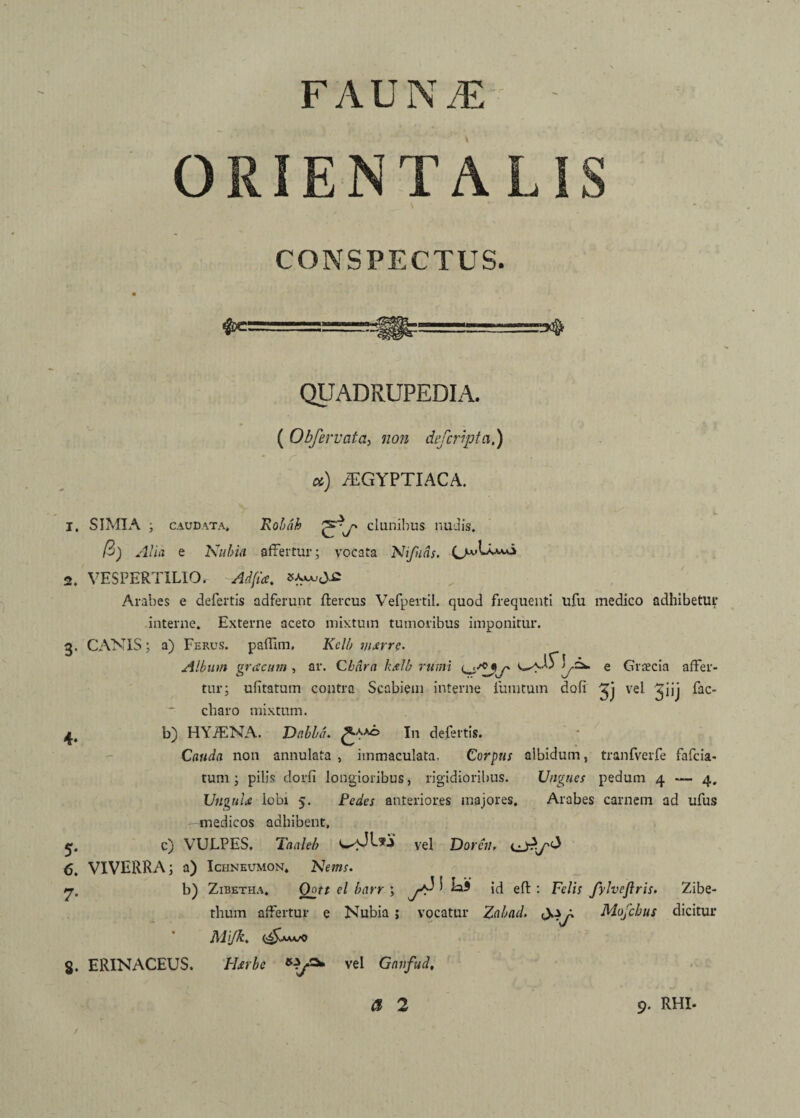 FAUNAE' - ORIENTALIS CONSPECTUS. QUADRUPEDIA. ( Obfervata> non defcripta,) r - ’ i ot) /EGYPTIACA. 1. SIMIA ; caudata» Jxohnh ^J' clunibus nudis. /3j Alia e Nubui affertur; vocata Nifuas. CpAWi 2. VESPERTILIO. Ad fut. Arabes e defertis adferunt ffercus Vefpertil. quod frequenti ufu medico adhibetur interne. Externe aceto mixtum tumoribus imponitur. 3. CANIS; a) Ferus, paffim. Kclb visrrc. Album gracum , ar. Chara kalb rumi le Graecia affer¬ tur; ufitatum contra Scabiem interne lumtum doli vel Jjjj fac- charo mixtum. 4. b) HYiENA. Vabbd. In defertis. Cauda non annulata , immaculata. Corpus albidum, tranfverfe fafcia- tum ; pilis dorfi longioribus, rigidioribus. Ungues pedum 4 4. UuguU lobi 5. Pedes anteriores majores. Arabes carnem ad ufus medicos adhibent, 5. c) VULPES. Taaleb vel Dorcu, 6. VIVERRA; a) Ichneumon, Kems. y. b) Zibetha. Qott el barr ; jd S EiS id eft : Felis fyhefiris. Zibe- thum affertur e Nubia ; vocatur Zabad. y. Mofchus dicitur Mjk, (^MVO 8. ERINACEUS. Hjerbe «yO* vel Ganfud,