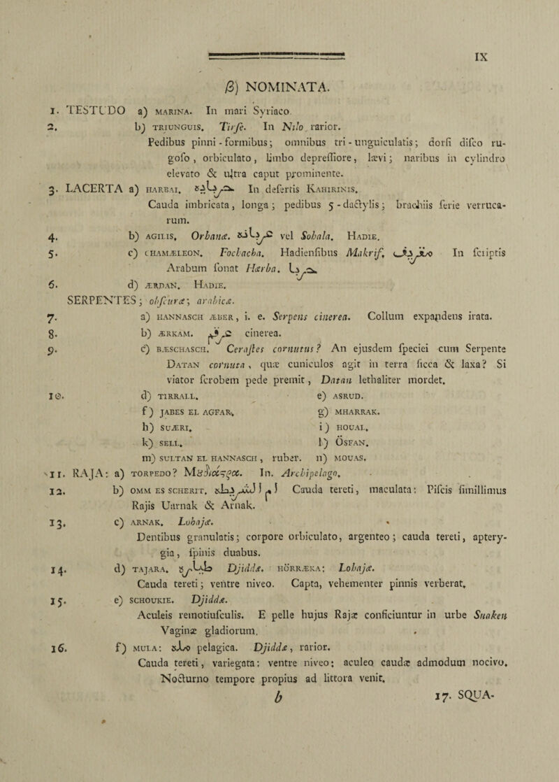/3) NOMINATA. i. 4- 5- 6. 7- 8- 9- rl ESTl DO a) marina. In mari Syriaco bj triunguis, Tirfe. In JNhio rarior. Pedibus pinni - formibus; omnibus tri - unguiculatis; dorfi difeo ru- gofo , orbiculato, limbo depreffiore, laevi; naribus in cylindro elevaro & ujtra caput prominente. LACERTA a) harbai, In defertis Kahirinis. Cauda imbricata, longa ; pedibus 5 - dactylis; bradiiis ferie verruca¬ rum. b) agilis. Orbante. vel Sobala. Hadie. c) chamaeleon, Focbacka. Hadienfibus Makrif,\ I11 fciiptis Arabum fonat Herba. l\ c*. ■J d) a:rdan. Hadie. SERPENTES 3 objeura; aralnee. a) hannasch iEBER, i. e. Serpens cinerea. Collum expandens irata. b) airkam. jv? cinerea. c') B.EscHAScii, Cerajles cornutus? An ejusdem fpeciei cum Serpente Datan cornuta , quae cuniculos agit in terra ficca Si laxa? Si viator ferobem pede premit, Datan lethaliter mordet. IC. e) ASRUD. g) MHARRAK. i ) HOUAL, I) 0SFAN. II) MOUAS, 11. 12. 13. 14. 15* 16. d) TIRRALL. f) JABES EI. AGFAR-, b) SUAIRI, k) SELL, m) sultan el hannasch , ruber. RAJA: a) torpedo? Ma&cc^gcc. In. Arcbipelago, b) omm es scherit, i ^ J Cauda tereti, maculata: Pifcis fimillimus Rajis Uarnak 1$: Arnak. c) arnak, Lobajte. Dentibus granulatis; corpore orbiculato, argenteo; cauda tereti, aptery- gia, fpinis duabus. d) tajara, 8Djidds. horr.eka; Lohaje. Cauda tereti; ventre niveo. Capta, vehementer pinnis verberat. e) schoukie, Djiddte. Aculeis reinotiufculis. E pelle hujus Rajae conficiuntur in urbe Snaken Vaginse gladiorum, f) mula: jd/o pelagica. Djiddte, rarior. Cauda tereti, variegata: ventre niveo: aculeo caudae admodum nocivo, Nocturno tempore propius ad littora venit, b 17. SQUA-