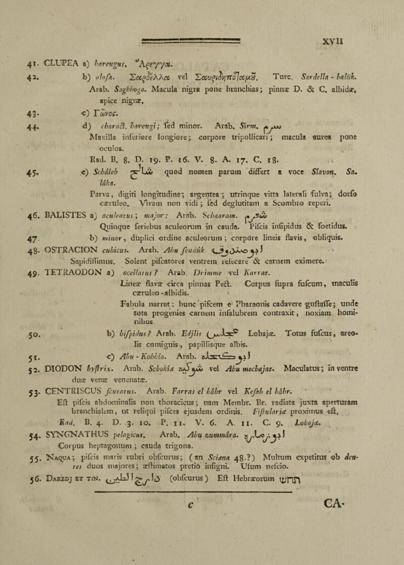 41. CLUPEA a) har-engus. ^Apeyyx. 42« b) ah/a. Xocq^KXct vel 'Zccv(>idi]7tcJoc.fA8. Ture. Snvdclla - bab/iL Arab. Sagbbvga* Macula nigra pone branchias; pinnae D. & C. albidae, apice nigrae, 43* <0 Taivoe. J , , - > 44» d) characl. ft areri gi; fed minor. Arab. Sirm. Maxilla inferiore longiore; corpore tripoliicari; macula aurea pone oculos. Rad. B. 8. D- 19. P* 16. V. 8- A. 17. C. ifr. . * 45« e) Schaleh quod nomen parum differt a voce Slavon. Sit- Idka. Parva, digiti longitudine; argentea ; utrinque vitta laterali fulva; dorfo caeruleo. Vivam non vidi; fed deglutitam a Scombro reperi. 46. BALISTES a) aculeatus; major: Arab. Schaaram. Quinque feriebus aculeorum in cauda. Pifcis infipidus <3t foetidus. 47. b) minor, duplici ordine aculeorum; corpore lineis flavis, obliquis. 48. OSTRACION cubicus* Arab. Ahu /euduk 1 Sapi didimus. Solent pifcatores ventrem lelecare «St carnem eximere. 49. TETRAODON a) oceUatus ? Arab. Drimme vel Karrat. Lineae flavae circa pinnas Pect. Corpus fupra fofcum, maculis caeruleo -albidis. 1 Fabula narrat*, hunc pileem e Pbsraonis cadavere guftaffe; unde tota progenies carnem infalubrein contraxit, noxiam homi¬ nibus. 50. b) bi/pidus ? Arab. Edjlis Lobare. Totus fufeus, areo¬ lis contiguispapillisque albis. 51. c) Abtt - Kohkia. Arab. ^ } 1 52. DIODON lyflrix. Arab. Scbokta vel Abu mechajat. Maculatus; In ventre duae venie venenatae. 33. CENTRISCUS /curatus. Arab. Varras el hahr vel Ke/ab el bdhr* Eft pifcis abdominalis non thoracicus; nam Membr. Br. radiata juxta aperturam branchialem, ut reliqui pifces ejusdem ordinis. Fijitilarice proximus eft. Rad. B. 4. D. 3. 10. P. 11. V. 6. A. 11. C. 9. Lobajec. 54. SYNCNATHUS pelagicus. Arab. Alni zummdra. J Coi pus heptagonum ; cauda trigona. 55. Kaqua; pifcis maris rubri obfcurus; (an Sciam 48.?) Multum expetitus ob detu tes duos majores; aeffimstos pretio infigni. Ulum nefeio. 56. Daredj et tin. (obfcurus ) Eft Hebraeorum t£,*nn C GA-