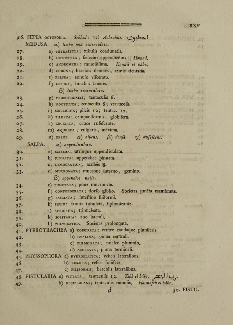ii 6. »7- 18. 19. 20. 2 1. 22. 23. 24. 2 5* 26. 27. 28. 29. 3°- 3<- 32. 33* 34- 3 5- 36. 37- 3 8* 39» 40. 4». 42. 43. 44. 45» 46. 47. 48- 49. Cl> aLs J SEPIA octopodia, Sehbed: vel Ac bt abiit. MEDUSA, ot) limbo non tentacuiato. a) tetrastyla; tubulis coadunatis. b) octostyla ; fedecim appendicibus. Hoviad. c) andromeda ; ramofifTima. Kandil d bdhr; d) corona; brachiis dentatis, ramis dentatis. c) persea; annulo vifcerato. cephea ; brachiis lanatis. /3) /rW/o tentacuiato. g) pROBosciDALLS; tentaculis 6. h) noctiluca; tentaculis 8; verrucofa. i) mollicina; plicis 12; tentae. 12. k) pileata; campaniformis, globifera. l) cruciata; cruce rufefeente. in) a^uorea ; vulgaris, mdxima. n) beroe. ot) albens. /3) denfa. y) rufefccns. SALPA. a) appendicttlata. a) maxima: utrinque appendiculata. b) pinnata; appendice pinnata, c j democratica; aculeis g, d) mucronata; mucrone interno, gemino. appendice nulla. e) punctata; pone mucronata. f) confoederata ; dorfo gibbo. Societas juncta membrana. g) fasciata ; inteftino filiformi. h) sipho; fronte tubulata, fiphonizante. i) africana; trinucleata. k) solitaria ; ano laterali. l) polycratica. Societas prolongata. PTEROTRACHEA a) coronata; ventre caudaque pinniferis. b) hyalina; pinna centrali. c) pulmonata ; nucleo plumofo. d) aculeata ; pinna terminali. PHYSSOPHORA a) hydrostatica ; veficis lateralibus. b) rosacea; vefica foliifera. c) filiformis; brachiis lateralibus. FISTULARIA a) vittata; tentaculis 12. Zibbelbdbr. b) reciprocans; tentaculis ramofis. Haunajcb el bdbr. d 50- FISTU-