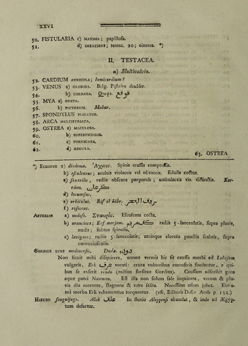 50. FISTULARIA c) maxima ;■ papillofa. d) impatiens; tentae. 205 cinerea. * *) II. TESTACEA. 53. 53- 54* 55 56. 57* 58* 59* 60. 6r» ia. a) Multivalvm. CARDIUM auricula; hetnicardium? VENUS a) globosa. Be!g. Vtftobii doubkt> b) cordata. Qouqn. MYA a) ovata. b) victorum. Mtibar* SPONDYLUS plic .\tus*. ARCA multistriata. OSTREA a) maculosa. b) superficialis. c) fornicata. d) REGULA. 63. OSTREA *) Echinus a) di n dema. 'i\%iVGS. Spink craffis eompreffls. b) efculentus; aculeis violaceis vel olivaeeis. Edulis coelus. *) faxatilis, radiis obfcure purpureis ; ambulacris vix diftinctis. Kar- raan. d) lacunojus. e) orbiculus. Rif eJ bdbr. f) rojhceus. Asterias a) nodofa. 'E.roivqos. Efcufenta cocta. b) aranciaca; Krf merjam. radiis 5-fanceolatls, fupra plan:s, nudis; fubtus fpinofis, e) Uvigata; radiis 5* lance olatis; utrinque elevatis punctis fc abris > fupra convexiufculis. ©ordius venn medinetifo* Dud*. gt3jc5 Non licuit mihi difquirere, annon rermis hic (Tt caufla morbi ad Lohajam vulgaris, E> k vocati: crura vulneribus eorrofivis foedanturr e qui¬ bus fe exferit tendo- (rectius forfitan Gordius). Cauflairi adferibit gens aqua? putei Naaman. Eft illa non folum fale inquinata , verum & plu¬ via diu morante, ffagnans <3t tetre falita. Neceflitas ufum jubet. Extra¬ nei morbo Erk vehementius torquentur. (cfr. Editoris Defer Arab p. 1^3.) Hirudo fangttijuga. Alnk olle In fluvio Ale^enjt abundat, & inde ad iEgyp. tum defertur.