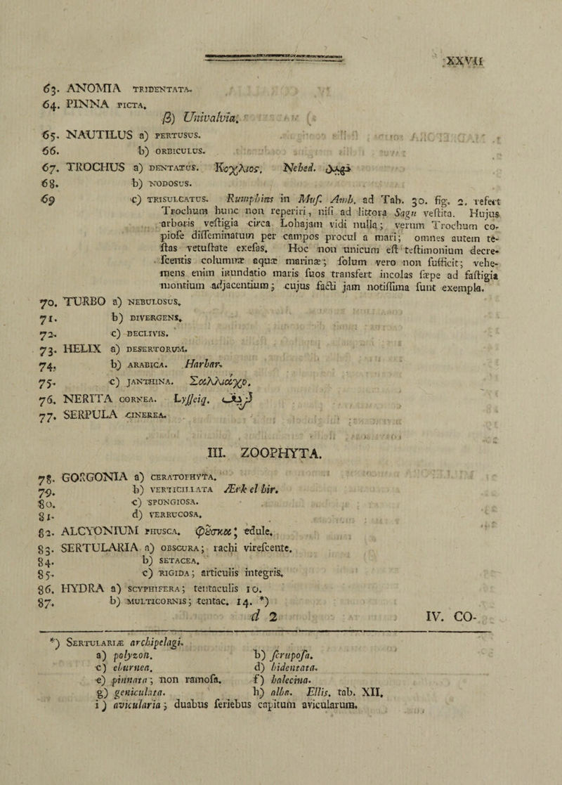 63. ANOMIA TRIDENTATA. 64. PINNA riCTA, /3) Univalvia. ' a w 65. NAUTILUS a) pertusus. •v., grm:.’-. riff-.fl ; 66. E) ORBICULUS. ) smi^ l •• ■ «11. 'l SU7/ 1 67. TROCHUS a) dentatus. Ko^A/05-. Nebsd. c>Agi 68. b) NODOSUS. «1.1 ' • • ’ - »1 1 * L\- . / t 69 'C) TRISULCATUS. Rumphins in Muf, Atnh, ad Tab. a;» Trochum hunc non reperiri, nifi ad littova Sagn veftita. Hujus arboris vertigia circa Lohajam vidi nulla; verum Trochum co- pioie difTeiriinatutn per campos procul a mari; omnes autem te¬ rtas veturtate exefas. Hoc non unicum ert teftimonium decre- fcerrtis columnae equa: marinae; Polum vero non fufficit; vehe¬ mens enim inundatio maris fuos transfert incolas faepe ad faftigia montium adjacentium j cujus facli jam notiffima fuut exempla. 70. TURBO a) NEBULOSUS. b) DIVERGENS, C) DECLIVIS. HELIX a) DESERTORVIL. b) arabica. Harlar, ■c) JANTHINA. '£.OtX/\UX%0 . 76, NERITA cornea. Lyjjeiq, 77, SERPULA CINEREA. 71. 72- 73- 74? 75- ' )i.. 78- 79- $0. 81- 82. 83- 84- 85- 86. 87- III. ZOOPHYTA. GQRGONIA a) CERATOPHYTA. E) VERUCULATA JEi k d hlT. ■c) SPONGIOSA, d) VERRUCOSA, ALCYONIUM ruuscA. (pi^axcc * edule, SERTULARIA a) obscura; rachi virefcente. b) SETACEA. c) rigida; articulis integris, HYDRA a) scyphifera; tentaculis 10. b) multicornis; tentae. 14. *) d 2 ji: 1 IV. CO- *') Sertulariae archipclagi. a) polyzon. E) Jcrupofa. c) elurnea. d) Indentata. e) pinnata; non ramofa. f) halecina. g) geniculata. h) alba. Eliis. tab. XII,