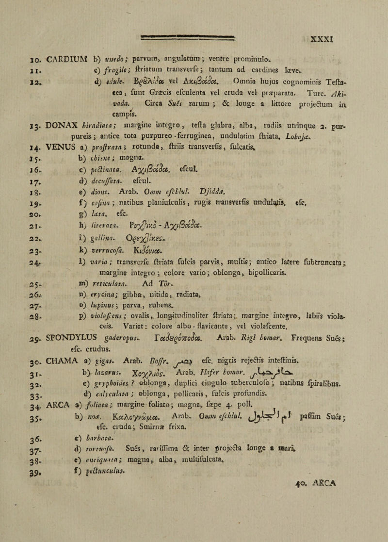 10. CARDIUM b) unedo; parvum, angulatum; ventre prominulo. jl. c) fragile; ftriatum transverfe; tantum ad cardines laeve. 12. d) edule. B^6'A‘d£fc vel Ax^Socdot. Omnia hujus cognominis Tefla- cea , funt Graecis efculenta vel cruda vel praeparata. Ture. Aki- vada. Circa Sues rarum ; & longe a littore projectum iu campis. 33. DONAX hirndiata; margine integro, tefta glabra, alba, radiis, utrinque 2. pur. pureis; antice tota purpureo-ferruginea, undulatim fbiata, Lubnjec.. 14. VENUS a) profirata; rotunda, Uriis transverfis, fulcatis* 15. b) cbime; magna. j6* c) pectinata. efcui j 7. d) decujfnta. efcui., I q. e) dione. Arab. Omm e felliti. Djiddt, 15. f) eafina ; natibus planiufculis, rugis transverfis undulatis, efc, 20. g) lecta, efc. 21. b j imvnta. Yoy^ixo - 22. ii) gallina. Q^s^Iy^s.. 23- R) verruco/a. KiXovtcc. 24. 1) varici; transverfe. flriata fulcis parvis, multis; antico fatere fubtruncata; margine integro; colore vario; oblonga, bipollicans. 25* *n) reticulata. Ad Tor. 26. ' n) erycina; gibba, nitida, radiata» 27. ©) lupinus; parva , rubens. 28. p) violafens; ovalis ,, longitudine liter flriata; margine integro, labiis viola¬ ceis. Variat: colore albo - flavieante , vel violafcente. 29. SPONDYLUS gaderopus. To&$8gc7Zc$oc. Arab. Rigl lo/nar. Frequens Sues; efc. crudus. 20. CHAMA a) gigas. Arab. fiofjr. efc. nigris rejeclis inteffin». ^ j. b} lazarus. Xo%Atos. Arab. Hafer homar. ^2. c) gryphoides. ? oblonga, duplici cingulo tuberculofo; natibus fpiralibus* 23. d) calyculata ; oblonga, pollicaris, fulcis profundis. 3 4. ARCA a) foliata; margine foliato; magna,, fiepe 4. poli. 35, b) noa. K.ocAQcyvoc[/.oc, Arab. Omm efchlul. i I pafllm Sues; efc. cruda; Smirnai frixa. 3^‘ 37- 38- 39* e) barbata► d) tortuofa. Sues, raviffima & inter projecfa longe a mari e) antiquata; magna,, alba, multifulcata» f) pectunculus. 40. ARCA