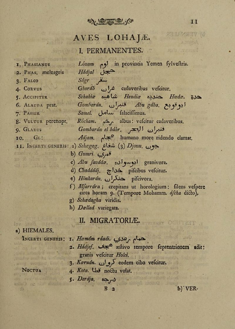 1. Phasianus 2. Phas. meleagris 3. Falco 4. Corvus y. Accipiter 6, Alauda prar. 7. Passer g. Vultur pereftopt. 9. Glarus 10. Gl: 11. Incerti generis: a) HIEMALES. Incerti generis: Noctua AVES LOHAJ/E. I. PERMANENTES. Louam in provincia Yemen fylveftris. Hddjal Sdgr yituu Ghorab cadaveribus vefcitur. Schahioe Li Hendia Hcedce. Gombdrdn. Abu gaba. ^ 4? I Samel. ^oLuu falaciflmius. Rucham. albus: vefcitur cadaveribus. Gombardu el bdhr. Adjam. humano more ridendo clamat. a) Schcrgag. £l*.w (3) Djoun, b) Gumri. lSj-i* c) favadce. grani vora. d) Chaddadj. ^ !<>=». pifcibus vefcitur. e) Honkardn. ^ pifcivora, f) Mfarrara ; crepitans ut horologium: filens vefperc circa horam 9. (Tempore Mohamm. <5/^ di£to), g) Schadagha viridis. h) Dcetlad variegata. II. MIGRATORLE. 1. Hamam raadi. 2. Hadjef. leftivo tempore feptentrionem adit: granis vefcitur Hotci, 3. Kanian. eodem cibo vefcitur. 4. ifota. Uai’ no£lu volat. 5. Derdja, »a^<3 B 2 b)'VER-