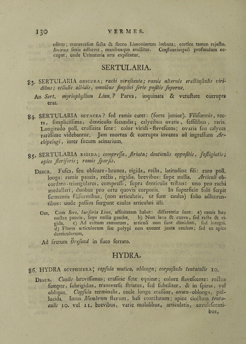 editur; transvcrfim fecta & fucco Limoniorum imbuta; cortice tamen reje&o. Smirna Taxis adhaeret , manibusque avellitur. Conftantiriopoli profundum oc¬ cupat. unde Urinatoria arte expifcatur, SERTULARIA. gg. SERTULARIA obscura; rachi virefcente; ramis alternis ereSUufculis viri¬ dibus; cellulis albidis, omnibus flmplici ferie pofitis fuperne. An Sert. myriophyllnm Limi, ? Parva, inquinata & vetuftate corrupta erat. §4. SERTULARIA setacea? fed ramis caret: (forte junior). Filiformis, rec¬ ta, fimplicilfima, denticulis fecundis; calycibus ovaris, feffilibus , raris. Longitudo poli, craffities fetae: color viridi-flavefcens: ovaria feu calyces rariflime videbantur. Jam mortua & corrupta inventa ad ingreflum Ar- chipelagi, inter fucum acinarium. gj. SERTULARIA rigida; comprejfa, Jlriata; denticulis oppojitis, fajligiatis; apice floriferis; ramis Jparfls. Descr. Fufca, feu obfcure-brunea, rigida, refla, latitudine fili: raro poli, longa: ramis paucis, reftis , rigidis, brevibus: fepe nullis. Articuli ob- cordato-triangulares, comprefli, fupra denticulis tribus: uno pro rachi medullari, duobus pro ortu quovis corporis. In fuperficie folii ferpit farmentis filiformibus, (non articulatis, ut funt caules) folio adhaeren¬ tibus: unde paflim furgunt caules articulati illi, Obs, Cum Sert. burfnrin Limi, affinitatem habet: differentia: lunt: a) ramis hrre noftia paucis , ftepe nullis gaudet. b) Non laxa & curva , fed re£la & ri¬ gida. c) Ad exitum ramorum, articuli non funt dimidiati, fed integri, d) Flores articulorum feu polypi non exeunt juxta caulem; fed ex apice denticulorum. Ad fretum Orefund in fuco ferrato. HYDRA. g6. HYDRA scyphifera; cnpflula mutica, oblonga; corpuflculo tentaculis 10. Descr. Caulis breviflimus; craflirie fette equinae; colore flavefeente: reflus femper, fubrigidus, transverle ftriatus, fed lubriliter, & in fpiras, vel oblique. Capflula terminalis, caule longe craflior, ovato-oblonga, pel¬ lucida. Intus Membrum flavum, bafi coar&atum: apice cinfitum tenta- culis 10. vel 11. brevibus, varie mobilibus, articulatis, ctcrulefcenti- bus,