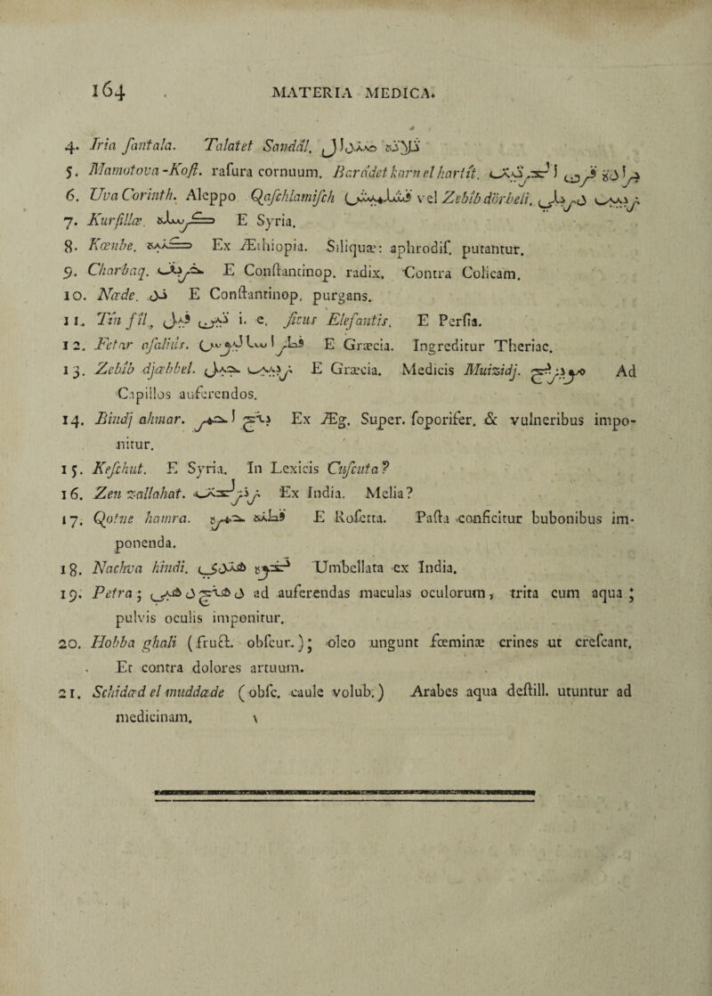 4. Tria fani ala. Talatet Sanddl, aiAJLi 5. Mcimotova -Kofi. rafura cornuum. Barddetkarnelharitt. OCo^ac*'I L* 6. Uva Corinth. Aleppo Qajchlamifih OWUJ? v el Zebib dbrbeli., Jb r£> I . TT V *  J 7. Kurjilks. *>Xx^f==> E Syria. 8- Kcenbe. Ex /Ethiopia. Siliqua?: aphrodif. putantur. 9. Charbaq. -E Conftantinop. radix, Contra Colicam. 10. Nctde. D-i E Conftantinop, purgans. 11. Tui fil} (J.a3 i. e. finis Elefantis. E Perfia. 12. Fetor afalius. ^-VAJ'E Graecia. Ingreditur Theriac. 13. Zeblb djcehbel. E Graecia. Medicis Muizidj. Ad Capillos auferendos. 14. Bindj ahniar. 1 Ex JEg. Super, foporifer. & vulneribus impo¬ nitur. 15. Kefchut. E Syria. In Lexicis Cifcuta? 16. Zenzcillahat. Ex India. Melia? 17. Qotne hamra. ^E.9 £ Referta. Palla .conficitur bubonibus im¬ ponenda. ig. Nachva hindi. Urribellata cx India. 19. Petra - A<3 ad auferendas maculas oculorum, trita cum aqua * pulvis oculis imponitur. 20. Hobba ghali ( frucl. obfcur.) * oleo ungunt fceminae crines ut crefcant. Et contra dolores artuum. 21. Schidad el muddade (obfc. caule volub:) Arabes aqua deftill. utuntur ad medicinam. \