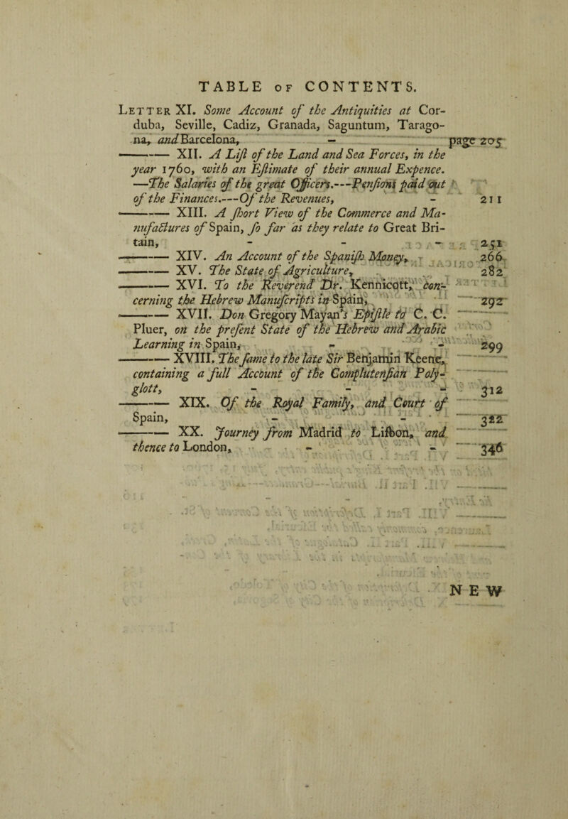 TABLE of CONTENTS. Letter XI. Some Account of the Antiquities at Cor- duba, Seville, Cadiz, Granada, Saguntum, Tarago- na, and Barcelona, - page 205 •-XII. A Lift of the Land and Sea Forces, in the year 1760, with an Eflimate of their annual Expence. —The Salaries of the great Officers.—Penfons paid out of the Finances.—Of the Revenues, - 211 -XIII. A fiort View of the Commerce and Ma¬ nufactures of Spain, fo far as they relate to Great Bri- tain, - - .id/- 251 -XIV. An Account of the Spanish Money» ,T 266 -XV. The State of Agriculture* 282 -XVI. To the Reverend Dr. Kennicott, con- cerning the Fkbrew Manufcripts in Spain,. 292 -XVII. Don Gregory Mayan’j EpiJUe td C. C. Pluer, on the prefent State of the Hebrew and Arabic Learning in Spain, ~ - 2 -XVIII. The fame to the late Sir Benjamin Keene, containing a full Account of the Complutenfati Poly- glott, - 31 . vtv nr 17 —J -XIX. Of the Royal Family, and Court of Spain, - - XX. Tourney from Madrid to Lifbon, and thence to London,. a dl .Iiv — •... ... C • * * • , v , v. < . V. J • * • .V) •* . a —v.>;u .• v. j - ~. V.,;. v» 1 \ .II3::. I V ► l) v -v * -' - -V ^ -i \k» -. . . 1 . \0r , V v_ . ,1 1 .it - , /’ < -v K\ ’ < --- N..- ^ * A - - A r‘A .v. .k v; * i. . V v1*' vi W 11 UJ NEW