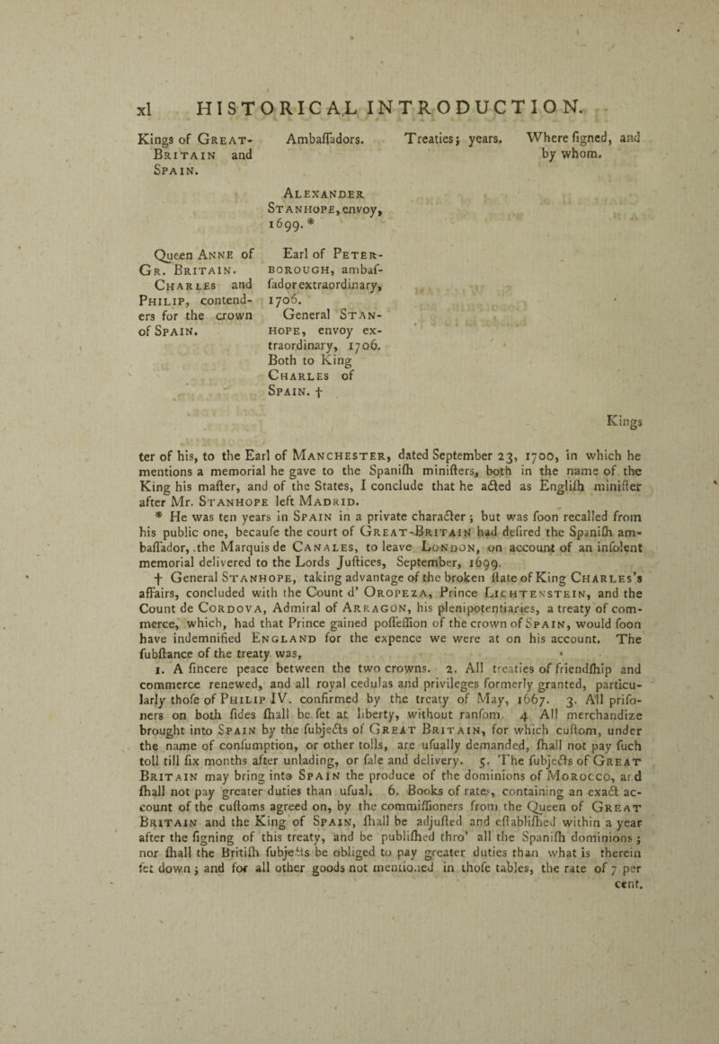 \ * • . > * ;: xl HISTORIC A,L INTRODUCTION. Kings of Great- Ambafladors. Treaties} years. Where figned, and Britain and by whom. Spain. Alexander Stanhope, envoy, 1699. * Earl of Peter¬ borough, ambaf- fador extraordinary, 1706. General Stan¬ hope, envoy ex¬ traordinary, 1706. Both to King Charles of Spain, f Kings ter of his, to the Earl of Manchester, dated September 23, 1700, in which he mentions a memorial he gave to the Spanifli minifters, both in the name of the King his matter, and of the States, I conclude that he a&ed as Engliih minifter after Mr. Stanhope left Madrid. * He was ten years in Spain in a private chara&er ; but was foon recalled from his public one, becaufe the court of Great-Britain had defired the Spanifh am* baflador, .the Marquis de Canales, to leave London, on account of an infolent memorial delivered to the Lords Juftices, September, 1699. f General Stanhope, taking advantage of the broken ttate of King Charles’s affairs, concluded with the Count d’ Oropeza, Prince Lichtenstein, and the Count de Cordova, Admiral of Arragon, his plenipotentiaries, a treaty of com¬ merce, which, had that Prince gained pofleflion of the crown of Spain, would foon have indemnified England for the expence we were at on his account. The fubftance of the treaty was, « 1. A fincere peace between the two crowns. 2. All treaties of friendffiip and commerce renewed, and all royal cedulas and privileges formerly granted, particu¬ larly thofe of Philip IV. confirmed by the treaty of May, 1667. 3. All prifo- ners on both fides (hall be fet at liberty, without ranfom. 4 All merchandize brought into Spain by the fubje&s of Great Britain, for which cuftom, under the name of confumption, or other tolls, are ufually demanded, (hall not pay fuch toll till fix months after unlading, or fale and delivery. 5. The fubje&s of Great Britain may bring into Spain the produce of the dominions of Morocco, ard (hall not pay greater duties than ufual, 6. Books of rate;-, containing an exa£t ac¬ count of the cuftoms agreed on, by the commiffioners from the Queen of Great Britain and the King of Spain, (hall be adjufted and eftabHfheJ within a year after the figning of this treaty, and be publifhed thro’ all the Spanifh dominions; nor (hall the Britiffi fubje^is be obliged to pay greater duties than what is therein fet down } and for all other goods not mentioned in thofe tables, the rate of 7 per cent. Queen Anne of Gr. Britain. Charles and Philip, contend¬ ers for the crown of Spain.