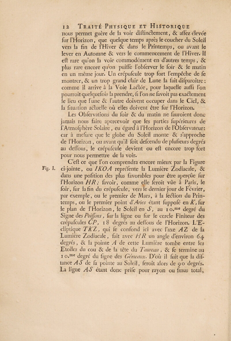 nous permet guère de la voir difiinclement, & afîèz élevée fur l’Horizon, que quelque temps après le coucher du Soleil vers la fin de l’Hiver & dans le Printemps, ou avant le lever en Automne & vers le commencement de l’Hiver. Il efi rare qu’on la voie commodément en d’autres temps, & plus rare encore qu’on puifle i’obferver le foir & le matin en un même jour. Un crépu feule trop fort l’empêche de fe montrer, & un trop grand clair de Lune la fait difparoître ; comme il arrive à la Voie Labiée, pour laquelle aufii l’on pourroit quelquefois la prendre, fi l’on ne fivoit pas exactement le lieu que l une & l’autre doivent occuper dans le Ciel, & la fituation actuelle où elles doivent être fur l’Horizon. Les Obfèrvations du foir & du matin ne lauroient donc jamais nous faire apercevoir que les parties fupérieures de l’Atmofphère Solaire , eu égard à l’Horizon de l’Obfervaleur: car à mefure que le globe du Soleil monte & s’approche de l’Horizon , ou avant qu’il ioit defeendu de plufieurs degrés au defîous, le crépufcule devient ou efi encore trop fort pour nous permettre de la voir. C’eft ce que l’on comprendra encore mieux par la Figure ci-jointe, ou 1KOA repréfente la Lumière Zodiacale, & dans une pofition des plus favorables pour être aperçue fur l’Horizon HR ; favoir, comme elle feroit vue à Paris , le foir, fur la fin du crépufoule, vers le dernier jour de Février, par exemple, ou le premier de Mars, à la feétion du Prin¬ temps , ou le premier point dArles étant fuppofo en K, fur le plan de l’Horizon, le Soleil en S, au i o.me degré du Signe des Poijjons, for la ligne ou for le cercle Finiteur des crépufcuies CP, ï 8 degrés au defibus de l’Horizon. L’E¬ cliptique TKX, qui fe confond ici avec l’axe HZ de la Lumière Zodiacale, fait avec HR un angle d’environ 64 degrés, & la pointe A de cette Lumière tombe entre les Etoiles du cou & de la tête du Taureau, & fo termine au 1 o.me degré du ligne des Gémeaux. D’où il fuit que la difi tance HT de fa pointe au Soleil, feroit alors de 90 degrés. La ligne AS étant donc priife pour rayon ou fin us total.