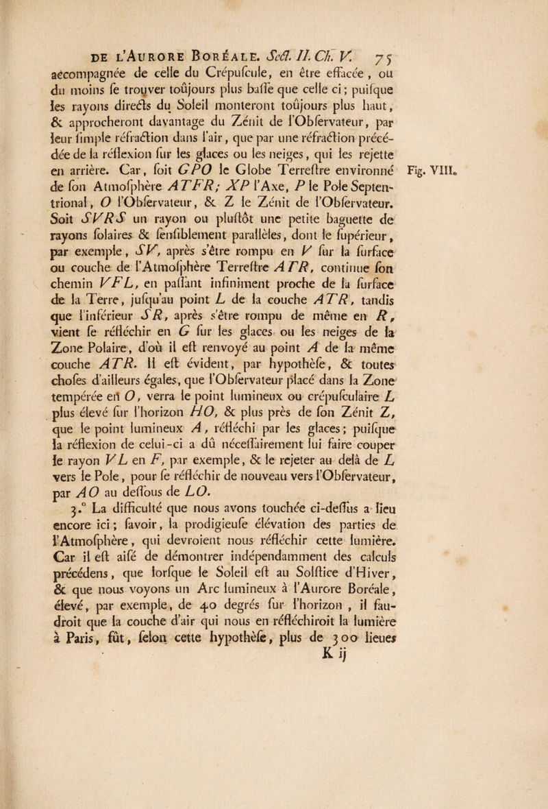 accompagnée de celle du Crépufcule, en être effacée , ou du moins fe trouver toûjours plus baffe que celle ci; puifque ies rayons directs du Soleil monteront toûjours plus haut, & approcheront davantage du Zénit de fObfervateur, par ieur fimple réfraétion dans l’air, que par une réfraction précé¬ dée de la réflexion fur les glaces ou les neiges, qui les rejette en arrière. Car, foit G PO le Globe Terreftre environné de fon Atmofphère AT FR; XP l’Axe, P le PoleSeptem trionai, O fOWervateur, & Z le Zénit de l’Obfèrvateur. Soit SV R S un rayon ou pluftôt une petite baguette de rayons foiaires & fenfiblement parallèles, dont le fupérieur, par exemple, SV, après s’être rompu en V fur la fur fa ce ou couche de l’Atmolphère Terreflre ATR, continue fbn chemin VFL, en pafîànt infiniment proche de la furface de la Terre, jufqu’au point L de la couche AT R, tandis que 1 inférieur SR, après s’être- rompu de même en R0 vient fe réfléchir en G fur les glaces ou les neiges de fa Zone Polaire , d’où il eft renvoyé au point A de fa même couche ATR» 11 eft évident, par hypothèfe, & toutes ehofès d’ailleurs égales, que fObfervateur placé dans la Zone tempérée eil O, verra le point lumineux ou crépu feu faire L plus élevé fur l’horizon HO, & plus près de fon Zénit Z, que le point lumineux A, réfléchi par les glaces; puifque ia réflexion de celui-ci a dû néceffairement lui faire couper le rayon VL en F, par exemple, & le rejeter au delà de L vers le Pôle, pour fe réfléchir de nouveau vers fObfervateur, par AO au defîous de LO» 3.0 La difficulté que nous avons touchée ci-deffus a fieu encore ici ; favoir, la prodigieufe élévation des parties de Y Atmofphère, qui devroient nous réfléchir cette lumière. Car il eft aîfé de démontrer indépendamment des calculs précédens, que iorfque le Soleil eft au Solftice d’Hiver, & que nous voyons un Arc lumineux à l’Aurore Boréale, élevé, par exemple, de 40 degrés fur l’horizon , il fau¬ drait que ia couche d’air qui nous en réfléchirait la lumière à Paris, fût, félon cette hypothèfe, plus de 300 lieues