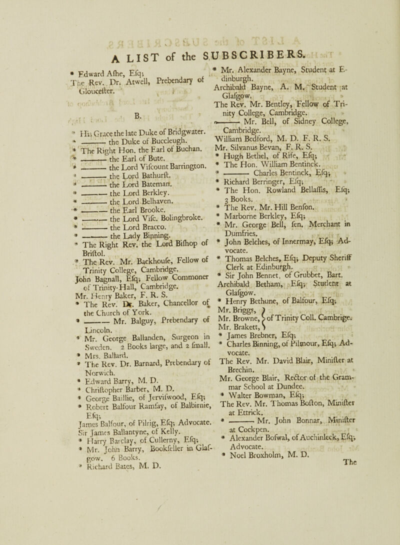 * Edward Afhe, Efq; The -Rev. Dr. Atwell, Prebendary of Glouceller. . ( B. * His Grace the late Duke of Bridgwater, the Duke of Buccleugh. * The Right Hon. the Earl of Buchan. — the Earl of Bute. — the Lord Vifcount Barrington. — the Lord Bathurft. — the Lord Bateman. — the Lord Berkley. — the Lord Belhaven. — the Earl Brooke. — the Lord Vifc. Bolingbroke. — the Lord Bracco. the Lady Binning. * -■* * * * * * * * * * Mr. Alexander Bayne, Student at E- dinburgh. , y Archibald Bayne, A. M. Student at Glafgow. The Rev. Mr. Bentley, Fellow of Tri¬ nity College, Cambridge. » .. Mr. Bell, of Sidney College, Cambridge. William Bedford, M. D. F. R. S. Mr. Silvanus Bevan, F. R. S. * Hugh Bethel, of Rife, Efq; * The Hon. William Bentinck. * - Charles Bentinck, Efq; * Richard Berringer, Efq; * The Hon. Rowland Bellaflis, Efq; 3 Books. - * The Rev. Mr. Hill Benfon. * Marborne Berkley, Efq; * Mr. George Bell, fen. Merchant in Dumfries. . - * John Belches, of Innermay, Efq; Ad¬ vocate. * Thomas Belches, Efq; Deputy Sheriff Clerk at Edinburgh. * Sir John Bennet, of Grubbet, Bart. Archibald Betham, Efq; Student at Glafgow. * Henry Bethune, of Balfour, Efq; The Right Rev. the Lord Bifhop of Briftol. . * The Rev. Mr. Backhoufe, Fellow of Trinity College, Cambridge. John Bagnall, Efq; Fellow Commoner of Trinity-Hall, Cambridge. Mr. Henry Baker, F. R. S. * The Rev. Dr. Baker, Chancellor of the Church of York. Mr. Briggs, } ■ * __Mr Balguy, Prebendary of Mr. Browne, S of Trinity Coll. Cambrige. Lincoln. ’ Mr. Brakett,> * Mr. George Ballanden, Surgeon in * James Brebner, Efq; Sweden. 2 Books large, and 2 fmall. * Mrs. Ballard. * The Rev. Dr. Barnard, Prebendary of Norwich. * Edward Barry, M. D. * Chriftopher Barber, M. D. * George Baillie, of Jervifwood, Efq; * Robert Balfour Ramfay, of Balbirnie, Efq; James Balfour, of Pilrig, Elq; Advocate. Sir James Ballantyne, of Kelly. * Harry Barclay, of Cullerny, Efq; * Mr. John Barry, Bookfeller in Glaf¬ gow. 6 Books. * Richard Bates, M. D. * Charles Binning, of Pilmour, Efq; Ad¬ vocate. The Rev. Mr. David Blair, Minifler at Brechin. Mr. George Blair, Renter ol the Gram¬ mar School at Dundee. * Walter Bowman, Efq; The Rev. Mr. Thomas Bofton, Minifter at Ettrick. * .-Mr. John Bonnar, Minifter at Cock pen. * Alexander Bofwal, of Auchinleck, Efq; Advocate. * Noel Broxholm, M. D. The