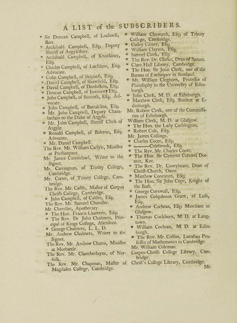 * Sir Duncan Campbell, of Lochnell, Bart. * Archibald Campbell, Efqv Deputy Sheriff of Argylelhire. * Archibald Campbell, of Knockbuy, Efq-, * Charles Campbell, of Lochlane, Eiq; Advocate. * Colin Campbell, of Skipnefs, Eiq; *.Daniel Campbell, of Shawfield, Efq; * David Campbell, ol Dunlofken, Efq-, '* Duncan Campbell, of InverawfEfq; * John Campbell, of Succoth, Efq-, Ad¬ vocate. > * John Campbell, of Barcaldine, Eiq; * Mr. John Campbell, Deputy Cham¬ berlain to the Duke of Argyle. * Mr. John Campbell, Sheriff Clerk of Argyle. * Ronald Campbell, of Balerno, Elq; Advocate. * Mr. Daniel Campbell. The Rev. Mr. William Carlyle, Minifter at Preftonpans., Mr. James Carmichael, Writer to the Signet. Mr. Carrington, of Trinity College, Cambridge. Mr. Carter, of Trinity College, Cam¬ bridge. The Rev. Mr. Cattle, Matter of Corpus Chrifti College, Cambridge. * John Campbell, of Calder, Efq-, The Rev. Mr. Samuel Chandler. Mr. Chandler, Apothecary. * The Hon. Francis Charteris, Efq-, * The Rev. Dr John Chalmers, Prin¬ cipal ol Kings College, Aberdeen. * George Chalmers, L. L. D. Mr. Andrew Chalmers, Writer to the Signet. The Rev. Mr. Andrew Chatto, Minifter at Morbattle. The Rev. Mr. Chamberlayne, of Nor¬ folk. The Rev. Mr. Chapman, Matter of Magdalen College, Cambridge. * William Chaworth, Efq-, of Trinity College, Cambridge. * Colley Cibber, Efq-, * William Clayton, Efq-, * Samuel Clerk, Efq-, * The Rev. Dr. Clarke, Dean of Sarum. * Clare-Hall Library, Cambridge. * The Hon. Sir John Clerk, one of the Barons of Exchequer in Scotland. * Mr. William Cleghorn, Profeflor of Philofophy in the Univerfity of Edin¬ burgh. * John Clerk, M. D. at Edinburgh. * Matthew Clerk, Efq-, Student at E- d inburgh. Mr. Robert Clerk, one of the Commifia- ries of Edinburgh. William Clerk, M. D. at Glafgow. * The Hon. the Lady Codrington. * Robert Colt, Efq-, Mr. James Codings. * Charles Coote, Efq-, ---Colebrook, Efq; * The Rev. Mr. Charles Coote. * The Hon. Sir Clement Cotterel Dor¬ mer, Knt. * The Rev. Dr. Coneybeare, Dean of Chrift-Church, Oxon. * Matthew Concanen, Efq; * The Hon. Sir John Cope, Knight of the Bath. * George Cornwall, Efq; * James Colquhoun Grant, of Lufs, Efq; * Andrew Cochran, Efq; Merchant in Glafgow. * Thomas Cockburn, M. D. at Lang- town. * William Cochran, M. D. at Edin¬ burgh. * The Rev. Mr. Colfon, Lucafian Pro- feffor of Mathematics in Cambridge. Mr. William Coleman. Corpus-Chritti College Library, Cam¬ bridge. Chrift’s College Library, Cambridge. Mr.