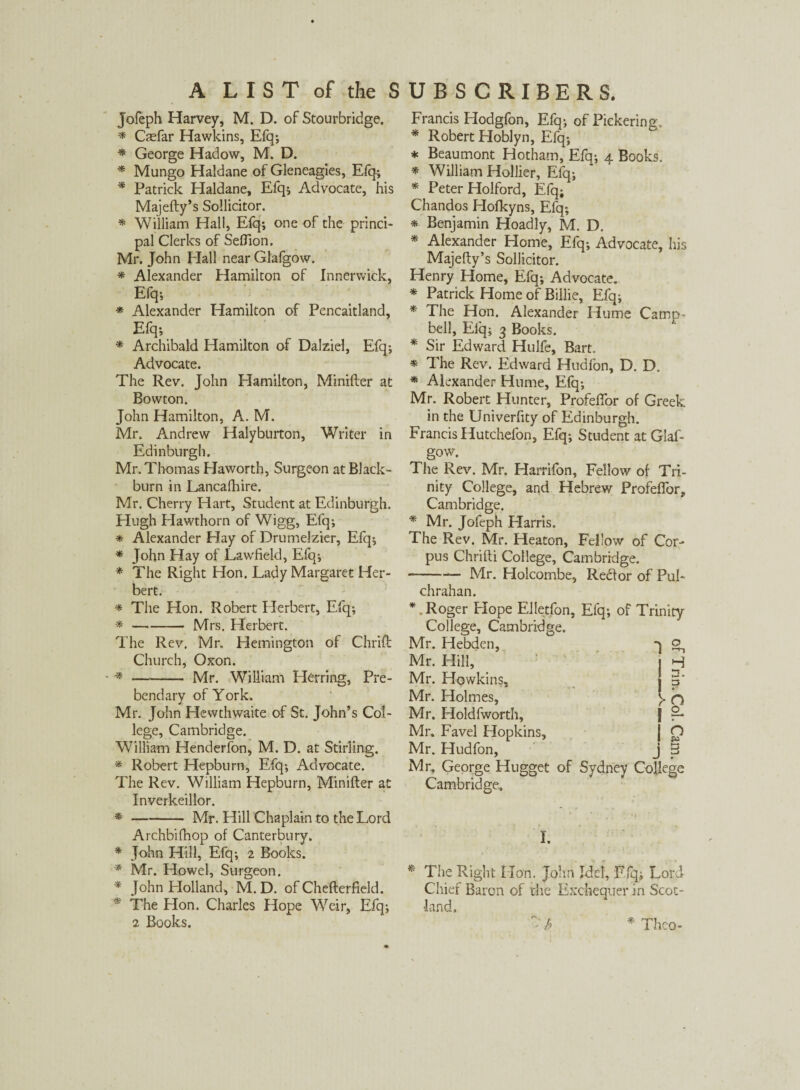 jofeph Harvey, M. D. of Stourbridge. * Casfar Hawkins, Efq; * George Hadow, M. D. * Mungo Haldane of Gleneagies, Efq; * Patrick Haldane, Efq; Advocate, his Majefty’s Sollicitor. * William Hall, Elq; one of the princi¬ pal Clerks of Seflion. Mr. John Hall near Glafgow. * Alexander Hamilton of Innerwick, Efq; * Alexander Hamilton of Pencaitland, Efq;. * Archibald Hamilton of Dalziel, Efq; Advocate. The Rev. John Hamilton, Minifter at Bowton. John Hamilton, A. M. Mr. Andrew Halyburton, Writer in Edinburgh. Mr. Thomas Haworth, Surgeon at Black¬ burn in Lancafhire. Mr. Cherry Hart, Student at Edinburgh. Hugh Hawthorn of Wigg, Efq; * Alexander Play of Drumelzier, Efq; * John Hay of Lawfield, Efq; * The Right Hon. Lady Margaret Her¬ bert. * The Hon. Robert Plerbert, Efq; -*-Mrs. Herbert. The Rev. Mr. Hemington of Chrift Church, Oxon. -* - Mr. William Herring, Pre¬ bendary of York. Mr. John Hewthwaite of St. John’s Col¬ lege, Cambridge. William Henderfon, M. D. at Stirling. * Robert Hepburn, Efq; Advocate. The Rev. William Hepburn, Minifter at Inverkeillor. * -Mr. Hill Chaplain to the Lord Archbifhop of Canterbury. * John Hill, Efq; 2 Books. * Mr. Howel, Surgeon. * John Holland, M. D. of Chefterfield. * The Hon. Charles Hope Weir, Efq; 2 Books. Francis Hodgfon, Efq; of Pickering. * Robert Hoblyn, Efq; * Beaumont Hotham, Efq; 4 Books. * William Hollier, Efq; * Peter Holford, Efq; Chandos Hofkyns, Efq; * Benjamin Hoadly, M. D. * Alexander Home, Efq; Advocate, his Majefty’s Sollicitor. Henry Home, Efq; Advocate. * Patrick Home of Billie, Efq; * The Hon. Alexander Hume Camp¬ bell, Efq; 3 Books. * Sir Edward Hulfe, Bart. * The Rev. Edward Hudfon, D. D. * Alexander Hume, Efq; Mr. Robert Hunter, Profeftor of Greek in the Univerfity of Edinburgh. Francis Hutchefon, Efq; Student at Glaf¬ gow. The Rev. Mr. Harrifon, Fellow of Tri¬ nity College, and Hebrew Profefibr, Cambridge. * Mr. Jofeph Harris. The Rev. Mr. Heaton, Fellow of Cor¬ pus Chrifti College, Cambridge. -— Mr. Holcombe, Redior of Pul- chrahan. *. Roger Hope Elletfon, Efq; of College, Cambridge. Mr. Hebden, Mr. Hill, Mr. Howkins, Mr. Holmes, Mr. Holdfworth, Mr. Favel Hopkins, Mr. Hudfon, Mr, George Hugget of Sydney Cambridge. rrl • * Trinity 1 <~u H I ? hO I 2- I P j .3 College * The Right Hon. John Jdd, Efq; Lord Chief Baron of the Exchequer in Scot¬ land. h * Thco-