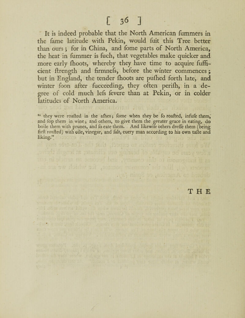 It is indeed probable that the North American fummers in the fame latitude with Pekin, would fuit this Tree better than ours; for in China, and fome parts of North America, the heat in fummer is fuch, that vegetables make quicker and more early fhoots, whereby they have time to acquire fuffi- cient ftrength and firmnefs, before the winter commences; but in England, the tender Ihoots are pufhed forth late, and winter foon after fucceeding, they often perifh, in a de¬ gree of cold much lefs fevere than at Pekin, or in colder latitudes of North America. “ they were roafted in the aflies; fome when they be fo roafted, infufe them, and lop them in wine; and others, to give them the greater grace in eating, do boile them with prunes, and fo eate them. And likewife others drelfe them (being firft roafted) with oile, vinegar, and fait, euery man according to his own tafte and liking.” the