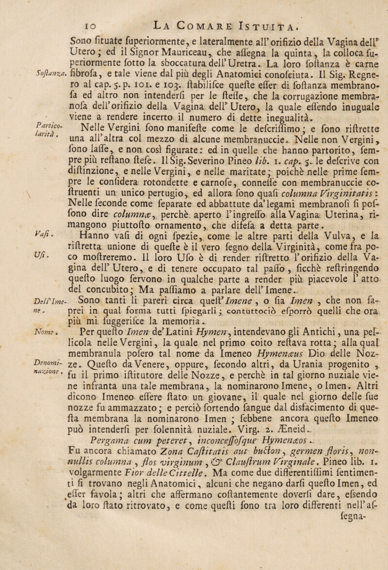 Partico¬ larità . Va fi. Ufi. Delibime¬ ne . Nome » Denomi¬ nazione , io La Comare Istuita. Sono fituate fuperiormente, e lateralmente all’orifizio della Vagina deir Utero; ed il Signor Mauriceau,, che affegna la quinta, la colloca fu¬ periormente Lotto la sboccatura dell’Uretra, La loro foftanza è carne rò al cap. 5. p. iox. e 103. ftabilifce quelle effer di foftanza membrano- fa ed altro non intenderli per le fteffe, che la corrugazione membra- nofa dell’orifizio della Vagina dell’ Utero, la quale elfendo inuguale viene a rendere incerto il numero di dette inegualità. Nelle Vergini fono manifefte come le deferiffìmo; e fono riftrette una all’altra col mezzo di alcune membranuccie. Nelle non Vergini, fono jaffe, e non così figurate: ed in quelle che hanno partorito, fem- pre più reftano ftefe. Il Sig. Severino Pineo lìb. 1. cap. le deferivo con diftinzione, e nelle Vergini, e nelle maritate; poiché nelle* prime fem- pre le confiderà rotondette ecarnofe, conneffe con membranuccie co* flruenti un unico pertugio, ed allora fono quafi columnaVìrginitatìsi Nelle feconde come feparate ed abbattute da’legami membranofi fi pcf- fono dire columnee, perchè: aperto Pingreffò alla Vagina Uterina, ri¬ mangono piuttofto ornamento, che difefa a detta parte. Hanno vali di ogni fpezie, come le altre parti della Vulva, e la riftretta unione di quelle è il vero Legno della Virginità, come fra po¬ co moftreremo. Il loro Ufo è di render riftretto l’orifizio della Va¬ gina dell’Utero, e di tenere occupato tal paffo , ficchè reftringendo quello luogo fervono* in qualche parte a render; più piacevole 1’ atto del concubito; Ma palliamo a parlare dell’imene.. Sono tanti li pareri circa quell5Imene , o Ila Imen , che non fa- prei in. qual forma tutti fpiegarli , contuttociò efporrò quelli che ora più mi fuggerifee la memoria . Per quello Imen de’Latini Hymen, intendevano gli Antichi, una pel¬ licola nelle Vergini, la quale nel primo coito rellava rotta; alla qual membranula pofero tal nome da Imeneo Hymenaeus Dio delle Noz¬ ze. Quello da Venere, oppure, fecondo altri, da Urania progenito , fu il primo iftitutore delle Nozze, e perchè in tal giorno nuziale vie¬ ne infranta una tale membrana, la nominarono Imene, olmen. Altri dicono Imeneo effere flato un giovane, il quale nel giorno delle fue nozze fu ammazzato; e perciò fortendo fangue dal disfacimento di que¬ lla membrana la nominarono Imen ; febbene ancora quello Imeneo può intenderfi per folennità nuziale. Virg. 2. iEnekU Pergama cum peteret, inconcejfofqup Hymen&os ... Fu ancora chiamato Zona Caftitatìs aut bublon, germen floris^ no??- nullis columna , fios virginum , & Clanfìmm Virginale. Pineo lib. 1. volgarmente Fior delle Citt elle. Ma come due differentiffìmi fentimen- ti fi trovano negli Anatomici , alcuni che negano darli quello Imen, ed effer favola; altri che affermano collantemente doverli dare, efsendo da loro flato ritrovato, e come quelli fono tra loro differenti nell’al- fegna-