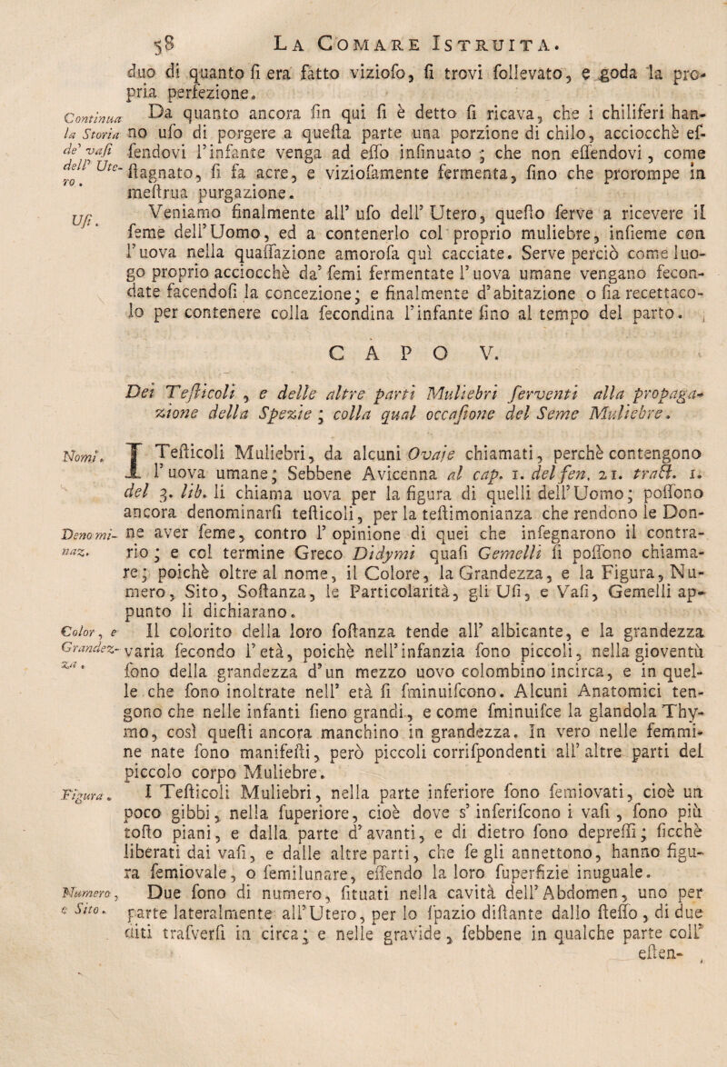 Ufi. \ Nomi. duo di quanto fi era fatto viziofo, fi trovi follevato, e .goda la pro¬ pria perfezione,, Contìnua E“a quanto ancora fin qui fi è detto fi ricava, che i chiliferi han- la Storia no ufo di porgere a quefla parte una porzione di chilo, acciocché et de'' va[ì fendevi l5 infante venga ad effo infmuato ; che non effendovi, come f ^ ftagnato, fi fa acre, e viziofamente fermenta, fino che prorompe in meftrua purgazione. Veniamo finalmente all’ufo dell’Utero, quello ferve a ricevere il feme dell’Uomo, ed a contenerlo col proprio muliebre, infieme con Fuova nella quaffazione amorofa qui cacciate. Serve perciò come luo¬ go proprio acciocché da’ femi fermentate F uova umane vengano fecon¬ date facendoli la concezione; e finalmente d’abitazione o fia recedace¬ lo per contenere colla fecondina l’infante fino al tempo dei parto. 1 CAPO V. Dei Tefticoli , e delle altre partì Muliebri ferventi alla propaga- zìone della Spezie ; colla qual occafone del Seme Muliebre. I Tefticoli Muliebri, da alcuni Ovaie chiamati, perchè contengono Fuova umane; Sebbene Avicenna al cap. i. delfen, 21. traff. 1. del 3. lìb, li chiama uova per la figura dì quelli dell’Uomo; pollano ancora denominarfi tefticoli, per la teftimonìanza che rendono le Don¬ ne aver feme, contro l’opinione di quei che in regnarono il contra¬ rio ; e col termine Greco Dìdymi quafi Gemelli lì poffono chiama¬ re; poiché oltre al nome, il Colore, la Grandezza, e la Figura, Nu¬ mero, Sito, Softanza, le Particolarità, gli Ufi, e Vali, Gemelli ap¬ punto li dichiarano. Il colorito della loro foftanza tende all’ albicante, e la grandezza varia fecondo Fetà, poiché nell’infanzia fono piccoli, nella gioventù fono della grandezza d’un mezzo uovo colombino incirca, e in quel¬ le che fono inoltrate nell’ età fi fininuifeono. Alcuni Anatomici ten¬ gono che nelle infanti fieno grandi-, e come fminuifee la glandola Thy- mo, così quelli ancora manchino in grandezza. In vero nelle femmi¬ ne nate fono manifefti, però piccoli corrifpondenti all’ altre parti del piccolo corpo Muliebre. I Tefticoli Muliebri, nella parte inferiore fono femiovati, cioè un poco gibbi, nella fuperiore, cioè dove s’inferifeono i vafi , fono piti tofto piani, e dalla parte d’avanti, e di dietro fono depredi ; ficchè liberati dai vafi, e dalle altre parti, che fe gli annettono, hanno figu¬ ra femiovale, o femilunare, effendo la loro fuperfizie inuguale. Due fono di numero, fituati nella cavità delFAbdomen, uno per parte lateralmente all’Utero, per lo fpazio dittante dallo fteffo , di due diti trafverfi in circa3 e nelle gravide, febbene in qualche parte coli eften- Denomi- naz. Color, e Grandez¬ za . Figura * Numero , 0 Sito..