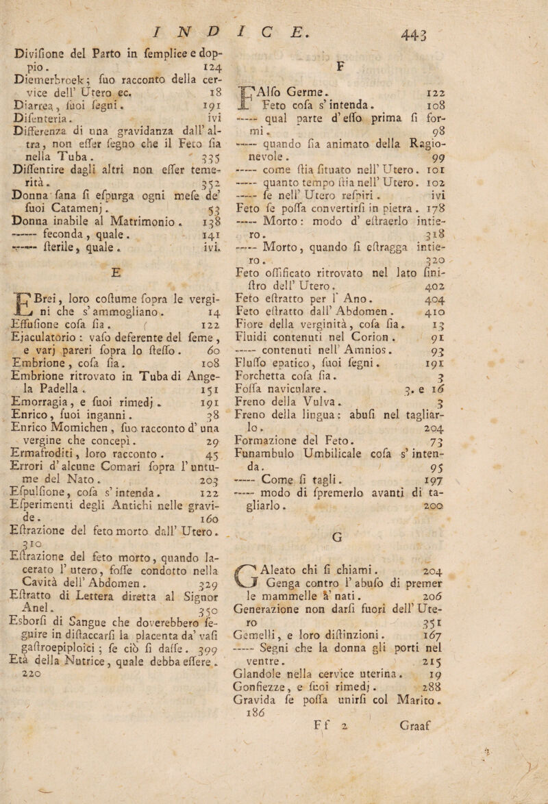 INDICE Di vifione del Parto in femplice e dop¬ pio. 124 Diemerbroek; fuo racconto della cer¬ vice dell’ Utero ec. 18 Diarrea, luoi legni. 191 Difent cria. ivi Differenza di una gravidanza dall5 al¬ tra, non efler legno che il Feto fia nella Tuba. 335 Diflentire dagli altri non efier teme¬ rità. 352 Donna Tana fi elpurga ogni mefe de’ fuoi Catamenj. 53 Donna inabile al Matrimonio « 138 —— feconda , quale . 141 fierile, quale » ivi. EBrei, loro cofiume fopra le vergi¬ ni che ^ammogliano. 14 Effufione cofa fia. ( 122 Ejacuìatorio l vafo deferente del feme , e varj pareri fopra lo fielfo. 60 Embrione, cofa fia. 108 Embrione ritrovato in Tuba di Ange¬ la Padella „ 151 Emorragia, e fuoi rimedj * 191 Enrico, fuoi inganni. 38 Enrico Momichen , fuo racconto d’ una vergine che concepì. 29 Ermafroditi, loro racconto . 45 Errori d’alcune Comari fopra F untu¬ me del Nato. 203 Efpulfione, cofa s’intenda. 122 Eiperimenti degli Antichi nelle gravi- ^ de. 160 Efirazione del feto morto dall’ Utero. Efirazione del feto morto, quando la¬ cerato F utero, folle condotto nella Cavità deli’ Abdomen 329 Efiratto di Lettera diretta al Signor Anel. 350 Esborfi di. Sangue che doverebbero fe- guire in difiaccarfi ia placenta da’ vafi gafiroepiploici 5 fe ciò fi dalle. 399 Età della Nutrice, quale debba effe re . 220 F H Alfo Germe. 122 Feto cofa s’intenda. 108 - qual parte d’elfo prima fi for¬ mi . 98 - quando fia animato della Ragio¬ nevole . 99 - come fiia fituato nell’Utero, ior - quanto tempo fiia nell’Utero. 102 . fe ne!F Utero refpiri. ivi Feto fe polla convertirli in pietra . 178 - Morto : modo d’ eilraerlo intie¬ ro. 318 —— Morto, quando fi efiragga intie¬ ro . . 320 Feto offifìcato ritrovato nei lato fini- fi: ro dell’Utero. Feto efiratto per F Ano. Feto efiratto dall’ Abdomen . Fiore della verginità, cola fia Fluidi contenuti nel Corion . - contenuti nelFAmnios. Flullo epatico, fuoi legni. Forchetta cofa fia. Folla naviculare. Freno delia Vulva. 40 2 404 410 F3 91 n 191 3 ; 16 Freno della lingua lo. 3 abufi nel tagliar- 204 Formazione del Feto. 73 Funambolo Umbilicale cofa s’inten¬ da . 95 —- Come fi tagli. 197 -—- modo di Ipremerlo avanti di ta¬ gliarlo . 200. G GAleato chi fi chiami. 204 Genga contro F a bufo di premer le mammelle I’nati. 206 Generazione non darli fuori delFUte,- ro . 351 Gemelli, e loro difiinzioni. 1Ò7 —- Segni che la donna gli porti nel ventre. > 215 dandole nella cervice uterina. 19 Gonfiezze, e fuoi rimedj. 288 Gravida fe polla unirli col Marito. 186 )