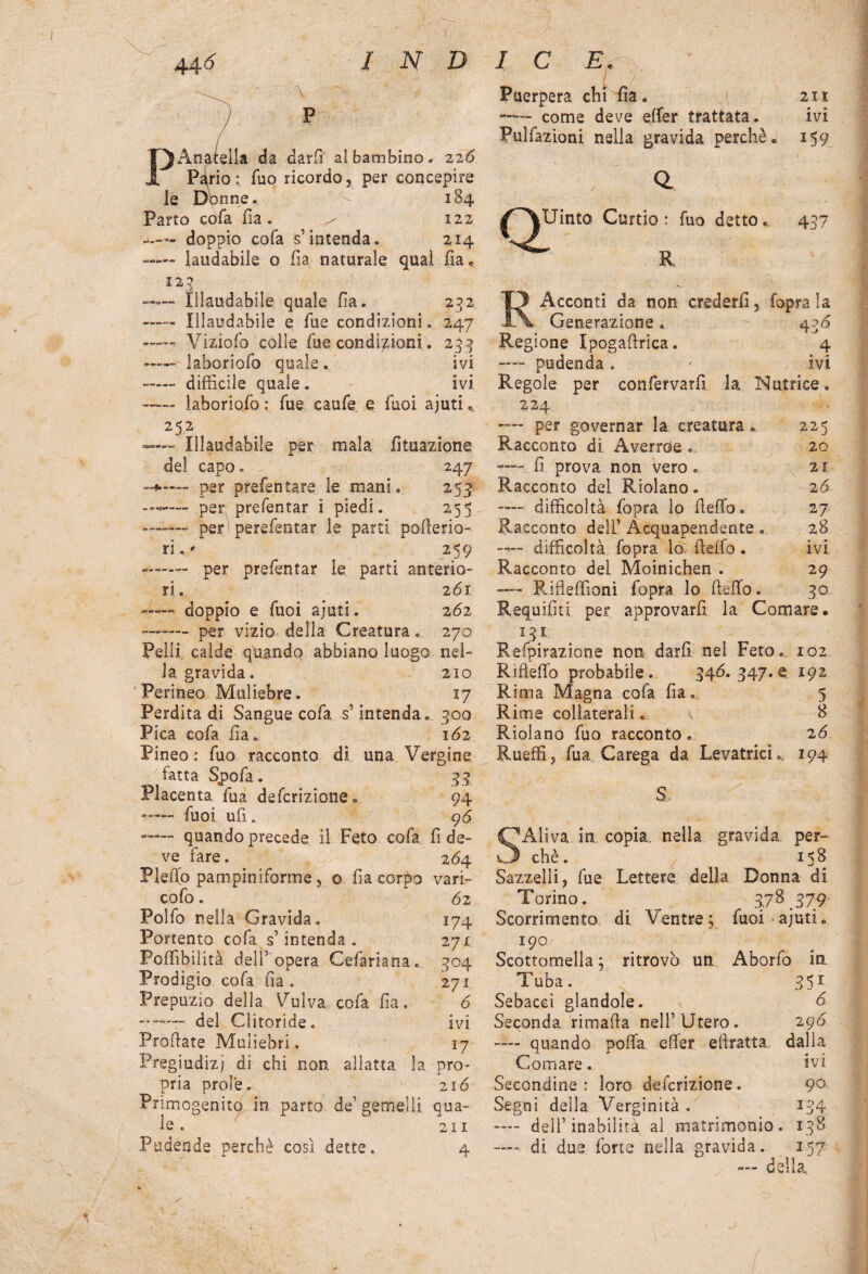 44<> lAnatella da darfì al bambino. 226 Pirio: fuo ricordo, per concepire le Db nne. v- 184 Parto cofa fia. ^ 122 —- doppio cofa s’intenda» 214 laudabile 0 fia naturale qual fia. I2.l —— Illaudabile quale fia. 232 - Illaudabile e fue condizioni. 247 -—- Viziofo colle fue condizioni. 233 ----- laboriofo quale . ivi —difficile quale . ivi ~— laboriofo : fue caufe e fuoi ajuti . 252 -— Illaudabile per mala fituazione del capo. 3 ' 247 —» per prefentare le mani. 255 per prefentar i piedi. 255 -- per1 perefentar le parti pofierio- 259 »—— per prefentar le parti anterio¬ ri. 2ÓI - doppio e fuoi ajuti. 262 --- per vizio della Creatura. 270 Pelli calde quando abbiano luogo nel¬ la gravida. J 210 Perineo Muliebre. 17 Perdita di Sangue cofa s’intenda. 300 Pica cofa fia. 162 Pineo : fuo racconto di una Vergine fatta Spofa. 33 Placenta fua defcrizione. 94 f—- fuoi ufi . 9<5 -— quando precede il Feto cofa fi de¬ ve fare. 2Ó4 Pleffo pampiniforme, o fia corpo vari- cofo. 62 Polfo nella Gravida. 174 Portento cofa s’intenda. 271 Poffibilità dell5 opera Cefariana. 304 Prodigio cofa fia . 271 Prepuzio della Vulva cofa fia. 6 — del Clitoride. ivi Profiate Muliebri. 17 Pregiudizi di chi non allatta la pro¬ pria prole ^ 216 Primogenito in parto de’ gemelli qua¬ le . ' 211 Pudende perchè cosi dette. 4 Puerpera chi fia. —— come deve efier trattata. Pulfazioni nella gravida perchè 211 ivi 1 Q.1 Uinto Curtio : fuo detto. 437 R 225 20 21 26 27 28 ivi 2 9 30 Acconti da non crederli, foprala Generazione. 436 Regione Ipogafirica. 4 — pudenda. ' ivi Regole per confervarfi la Nutrice. 224 -— per governar la creatura .. Racconto di Averroe . * fi prova non vero . Racconto del Riolano. —— difficoltà fopra lo fi e fio. Racconto deli’ Acquapendente. difficoltà fopra lo fiefio . Racconto del Moinichen . —— Riftefiìoni fopra lo fiefio. Requifiti per approvarli la Comare. 131 Refpirazione non darli nei Feto. 102 Riflefio probabile. 346. 347.e 192 Rima Magna cofa fia.,, 5 Rime collaterali. \ 8 Riolano fuo racconto. 26 Rueffij fua Carega da Levatrici». 194 ’Aliva. in copia, nella gravida per¬ chè. 158 Sazzelli, fue Lettere della Donna di Torino. 3,78 379 Scorrimento di Ventre; fuoi ajuti. 190 Scottornella ; ritrovò un Aborto in Tuba. 351 Sebacei glandole. 6 Seconda rimafta nell’Utero. 296 — quando polla effer efiratta dalia Comare.. ivi Secondine: loro defcrizione. 90 Segni della Verginità. 134 —- dell’inabilità ai matrimonio. 138 ---- di due forte nella gravida. 157 — della..