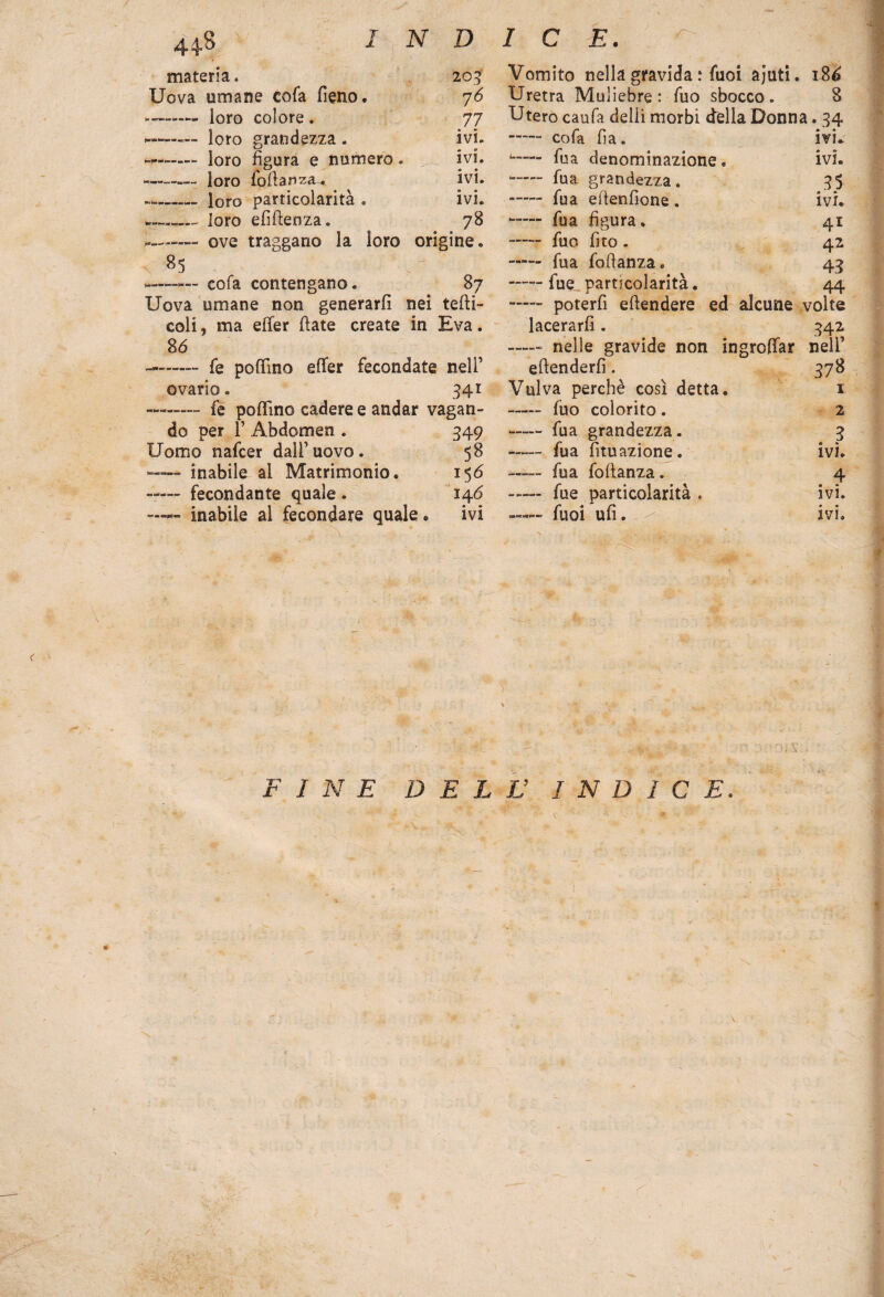 materia. 209 Vomito nella gravida : Tuoi aiuti. 186 Uova umane cofa fieno. 76 Uretra Muliebre: fuo sbocco. 8 77 Utero caufa delii morbi della Donna •34 ivi. - cofa fa. ivi. fvi. fu a denominazione. ivi. fvi. -- fu a grandezza . 35 --- loro particolarità » fvi. - fua eltenfione. ivi. —,_loro efiftenza. 78 -- fua figura. 41 - fuo fito. 42 85 43 87 -fue particolarità. 44 Uova umane non generarli nei tedi- - poterfi effondere ed alcune volte coli, ma effor (late create in Èva. lacerarfi. 342 86 ~ nelle gravide non ingroffar nell’ fe poffino efìfer fecondate nell’ efienderfi. 378 ovario. 341 Vulva perchè così detta. 1 -- fe pollino cadere e andar vagan- - fuo colorito. 2 do per 1’ Abdomen . 349 - fua grandezza. 3 Uomo nafcer dall’uovo. 58 - fua fituazione. IVI. — inabile ai Matrimonio. 156 —~ fua fodanza. 4 —— fecondante quale . 146 —— fue particolarità . ivi. - inabile al fecondare quale. m —fuoi ufi. ivi. FINE DELL’ INDICE. '■ V... Jt. ’ - /