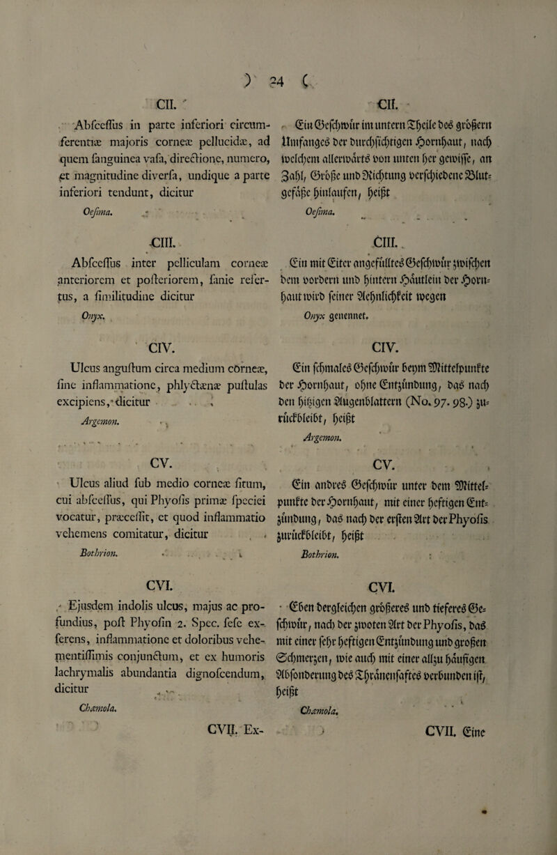 OIL ' AbfcefTus in parte inferiori circum- ferentiae majoris corneae pellucidae, ad quern fanguinea vafa, direclione, numero, £t magnitudine diverfa, undique a parte inferiori tendunt, dicitur Oefima. £IIL AbfcefTus inter pelliculam corneae anteriorem et pofferiorem, fanie refer- tus, a fimilitudine dicitur Onyx. ’ CIV. Ulcus anguftum circa medium corneae, fine inflammatione, phlyftaenae pullulas excipiens,’dicitur . .. i Argemon. * , ^ ^ 4 ■ * * *•**■•* > cv. Ulcus aliud lub medio corneae fitum, cui abfceffus, qui Phyofis primae fpeciei vocatur, praeceflit, et quod inflammatio vehemens comitatur, dicitur , . Botbrion. • l CVI. Ejusdem indolis ulcus, majus ac pro- fundius, poll Phyofin 2. Spec, fefe ex- ferens, indammationc et doloribus vehe- mentiflimis conjunflum* et ex humoris lachrymalis abundantia dignofcendum, dicitur . . Cbamola, €11. Cm 0efd)ttntr tm ttntcrn ^e.tfe Pe<? gvogcm ttmfancjcS tier Ptud)fidjtigen ipornfiaut, nad) tocfd;cm allertoart^ non umen (jcr gemtjfe, an 3af)f, 0i‘b}1cimt>^icf)ttmg oerfd;tcPenes2MuP gcfajk fjinlaufen, f;eipt Oefima. dir._ Ctn mif Ctter angcfuffta* 0cfd)tt>ur qoifdjctt bem oorPern unP fjtntent Jpautlcht tier ipom-- fjautmirP fetner ^He^nlic^fett roc^en Onyx genennef* CIV. Cm fdjmafcS ©cfdjmur 6epm?9fttfe[punfte Per Jpornfjaut, obneCnf&unPtmg, PaSnad) Pert btgtgen 2fucjenPIattern (No. 97.98.) rudPleiPt, (jeigt Argemon. * . \ - r\ . «v - . >, ’ # CV. Cut anPreS ©efdjtour unfer Pem ^OitfteU punfte Per^ornljaut, mit cuter fjefti^cn Cttf= junPunc}, PaS nach Per erjlen^irt Per Phyofis SuriufPfetPf, (jeift Botbrion. ; CVI. ■ C&en Perc*Ietd;en grbfiereS tmP ttefere^ ©e= fd) tour, nad) Per jmoten 2(rt Per Phyofis, Pa$ mit enter feljr beftt^en CntjunPun^ unP grogen 0d)metyenf rate audj mit einer alfju baujt^ett 9(!>fonPerim3 Pe£ £§raneitfafte£ oerPimPett t(t, Oetfrt • i Qbzmola, CVIL Ex- v » CVII. Cine