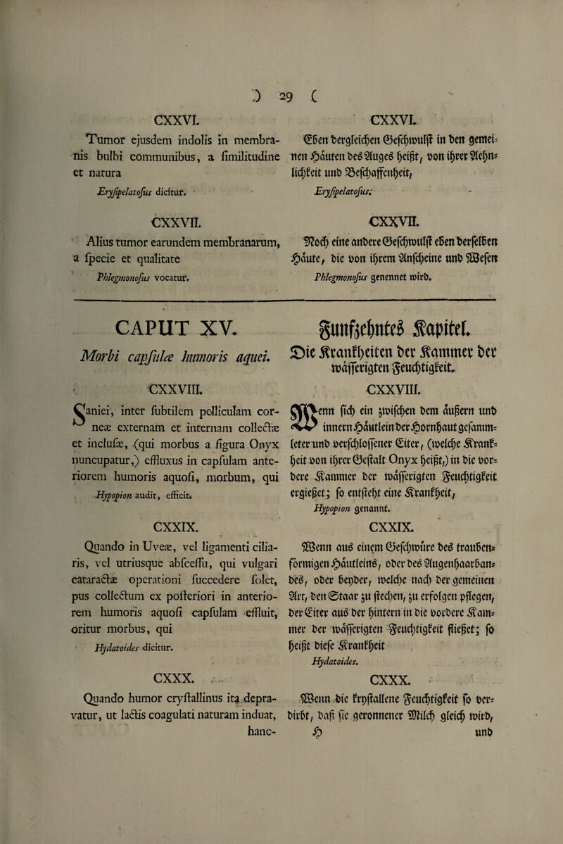 CXXVI. Tumor ejusdem indolis in membra- nis bulbi communibus, a fimilitudine et natura Eryfipelatofas dicitur. CXXVII. Alius tumor earundem membranarum, a fpecie et qualitate Pblegmonofiis vocatur. CXXVI. <£6ctt bergletdjett 0efd)ttntfjf ttt belt gemet= tteit ^dutcn t>e^5(«ge^ fjetgt, bott ifjrer $(el)n* lidjfett tint) 23efd;ajfe»{)eit, Eryfipelatofut. CXXVII. 9Rod) etneattbere0efcf;tmiljI eSenbetfelfcm £dute, t)ic bon tf)rem $nfd;etne uttb SBefert Phlegmonofiis genennet n?irb. CAPUT XV. Morbi capfulce hurnoris aqiieu CXXVIIL CJaniei, inter fubtilem pelliculam cor¬ ner externam et internam colledhe et include, (qui morbus a hgura Onyx nuncupatur,) effluxus in capfulam ante- riorem hurnoris aquofi, morbum, qui Hyp op on audit, efHcit. CXXIX. Quando in Uveae, vel Iigamenti cilia- ris, vcl utriusque abfceffu, qui vulgari cataracbe operationi fuccedere folet, pus colle&um ex pofleriori in anterio- rem hurnoris aquofi capfulam effluit, oritur morbus, qui Hydatoides dicitur. cxxx. . . Quando humor cryftallinus ita depra- vatur, ut ladis coagulati naturam induat, hanc- gunftc&nteS ^apitel. JDte $ranfl)etten fcer hammer t>et wdfferiflten geucfjttafetL CXXVIIL ^emt ftd) etrt ptfdjen t>em dugertt nnt) tnnern Jpdutlein her Jpornfjaut cjefamm* tefenmb mfd)Iofiener <£tter, (welc^c ^ranf= f)dt v>ott tfjm*0ejlalt Onyx fjetgt,) tit t>te bor* £>et*e hammer ber tbdjfengten geud)tt9fdt ergiepet; fo entjleljt cine ^vranffjett, Hypopion genannt. CXXIX. 5Betm au$ cittern 0efd;tpurc be$ traubett* formigett Jpdutlcmg, ober bc$ ^ugettfjaar&att* beS, ober better, mclcbe ttad) ber gcmeinett 2Irr, bert @taar jit flediett, £u erfolgett pflcgctr, ber (liter au£ ber ^intern ttt bte borbere ham¬ mer bee tbdfferigteit $eud)ttgl?eit fTteget; fo fjeipt biefe ^ranf^ett Hydatoides. CXXX. 58etm bte frpjMene Seucfm'gfett fo ber* birbt, baft fie qeronttener 9Md> gfetcfj roirb, fy unb