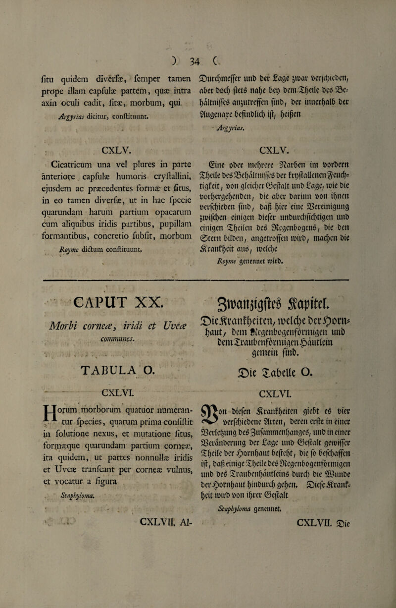 fitu quidem diverfe, feniper tamen prope ilfcim capfulae partem, qux iutra axin oculi cadit, fitac, morbum, qui Argyrias dicitur, conftituunt. \ • • CXL V. Cicatricum una vel plures in parte anteriore capfulse humoris cryftallini, ejnsdem ac praecedentes formae et fitus, ill eo tamen diverlae, ut in hac fpecie quarundam harum partium opacarum cum aliquibus iridis partibus, pupillam formantibus, concretio fubfit, morbum Royme dictum conftituunt. £)urd;mejjer unb ber £age $n>ar ber|d;teben, abet* bod) jleto naf;e bet; bem Xfjetle bcs 25e= tyaltnijfcS anjutreffen fmb, ber innerl)al& ber 2lugeucq‘e begnbltd) i\t, geigen Argyrias. CXLV. ©ne obcr mef)rere 3to6ett tm borbern Xgeile begSBcfjdlfniftcg ber fn;(Menengeud> tigfeit, bon g[ctcgcr®egait unb £age, tote bic borgergegenben, bie aber barimt bon if)ncu betfd)ieben fmb, bag gier eine Sgereintgung $n>tfd)en einigcn btefer unburdtficgtigen tutb einigett Xgeilen be£ 3tcgenbogcn$, bie ben ©tent btlben, angetroffen toirb, macgen bie Srattfgeit auo, roeId;e Royme genennet n)ivb* CAPUT XX. Morbi cornea y iridi et Uvea communes. . . • J ■» .. •' » - ** v TABULA O. • » . — ~ ~ CXLYI. TTorum morborum quatuor numeran- frA tur ipecies, quarum prima coniidit in folutione nexus, et mutatione fitus, formaeqne quarundam partium cornea:, ita quidem, ut partes nonnulls iridis et Uvete tranfeant per corn.es vulnus, et vocatur a figura Staphyloma. gtixunigfM faptter. ©ieAranftjeitetv u>eld>e tteripom* t?aut/ bent ftt'geitbcgeitfbrmtjen tmb bent Xmitbeitfonnigcn ^duttein gcntein fmb. £)ie tabetic O. CXLYI. - • • * gtton btefen $ranfgetteu giebt eg bier berfd)iebene 9Irten, berett erffe in cuter S8crle$ung beggufammengangeg, unb in eitter $8crdnberung ber £age unb 0efia(t getbifler Xgeile ber #orngaut begegf, bie fo befd;affc»t ift, bag einigc Xgeile bee SKegenbogenformigeu unb beg Xraubengautleing burd) bte 5£itnbe ber Jporngaut ginburcg gegeit. ©iefe .^ranf* geit toirb bon tgrer ©egalt Staphyloma genenueL *• % w' CXLVII. AI- CXLVIL Sic