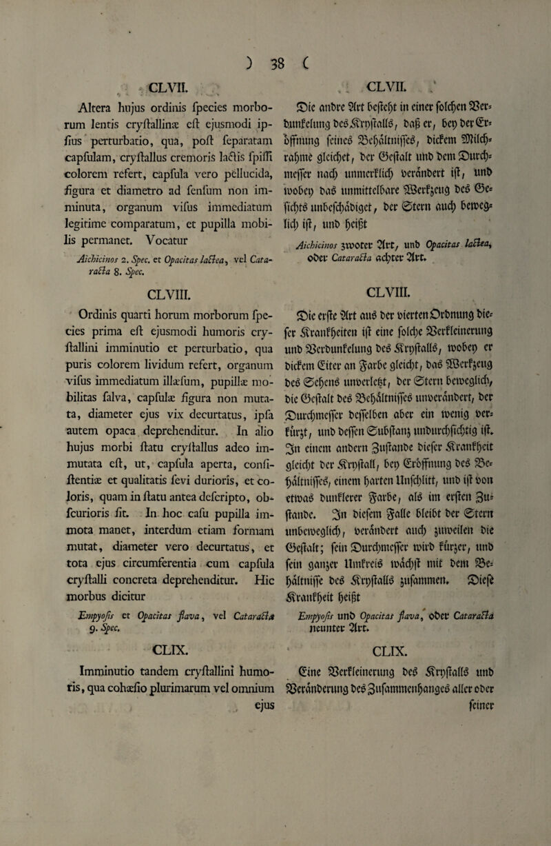 - CLVII. ^ ■ • * V,- > Altera hiijus ordinis fpecies morbo- rum lentis cryftallinse eft ejiismodi ip- iius perturbatio, qua, poft feparatam capfulam, cryftallus cremoris laflis fpilfi colorem refert, capfula vero pellucida, iigura et diametro ad fenfum non im- minuta, organum vifus immediatum legitime eomparatum, et pupilla mobi- lis permanet. Vocatur Aichicinos 2. Spec, et Op ac it as laBea, vel Cata- ra&a 8. Spec. CLVIII. Ordinis quarti horum morborum fpe¬ cies prima eft ejusmodi humoris cry- ftallini imminutio et perturbatio, qua puris colorem lividum refert, organum vifus immediatum ilkfum, pupilk mo- bilitas falva, capfulae iigura non muta- ta, diameter ejus vix decurtatus, ip fa autem opaca deprehenditur. In alio hujus morbi itatu cryllallus adeo im- mutata eft, ut, capfula aperta, con II- itentiae et qualitatis fevi durioris, et co¬ lons, quam in itatu antea defcripto, ob- fcurioris fit- In hoc cafu pupilla im- mota manet, interdum etiam formant mutat, diameter vero decurtatus, et tota ejus circumferentia cum capfula cryftalli concreta deprehenditur. Hie morbus dicitur Empyojis et Opacitas fiava, vel CatardB# 9. Spec, CLIX. Imminutio tandem cryitallim humo¬ ris, qua cohaefio plurimarum vel omnium , ejus : CL VII. ; Sic ant>re 21rt bcftc^t in cincr folcfjen $$en tmttfelun$teai*rpjMa, taper, bepter^r* iffnung feittea SBefjeltnifica, tiefern 9fltldjs raljme cjlctdjet, ter ©ejtalt uht tern Surd)* mefier nud; umnertltcf; terantert t(l, unt mobep taa unmittelbare ©erfyeuej tea 0e* ftd)ta unbefdjattget, ter ©tern aud; tetter lid; tfi, unt (jcipt Aichicinos JVUOtCt ‘Zivt, «nt Opacitas laBea, oter CataraSia aeptet 21tt» CLVIII. Sie erfte 'Dirt aua ter ttertenDrtnuna tie* fer ^ranfljetten t|l erne foId;e SSerfletnerung unt 58crtunfelun<j tea.SfrpjMa, ttobep er tictem (£iter an garbe gletcbt, taa S&cr^eiuj tea ©cfjena unterlefct, ter ©tent bettegltch, tie ©ejlalt tea S3e55ltnijfea unterantert, ter Surdjmejfer teffclben aber etn mni$ ter* fur&t, unt teflfen ©ubjlanj untur#’cf;ti3 tf?. 3tt etnem antern Sujlante ttefer ^ranf^eit gleid)t ter <^rp(M, bep ©rbffnung tea 2$e* tjaltniffea, etnem batten Unfd)lttt, unt t|l ton etmaa tun?lerer garbe, ala im eifen gu* jtante. 3n ttefern Salle bleibt ter ©tern unbemegltd), terantert and) jumetleit tie ©eilalt; fern Surd;mcffer ttirt furjer, tint fettt ganger Umfreia n>ad;|l mtf tern S3e* fjaltnijje tea SrpjMa jufammen* Siej£ kranfljdt fjdpt Empyojis unt Opacitas fiava, otet CataraSla muntet 2lrt. CLIX. (Eme SJerflemeruna tea ^rpjklia unt SJeranteruns teagufnmmenfjansea aller otter fetner