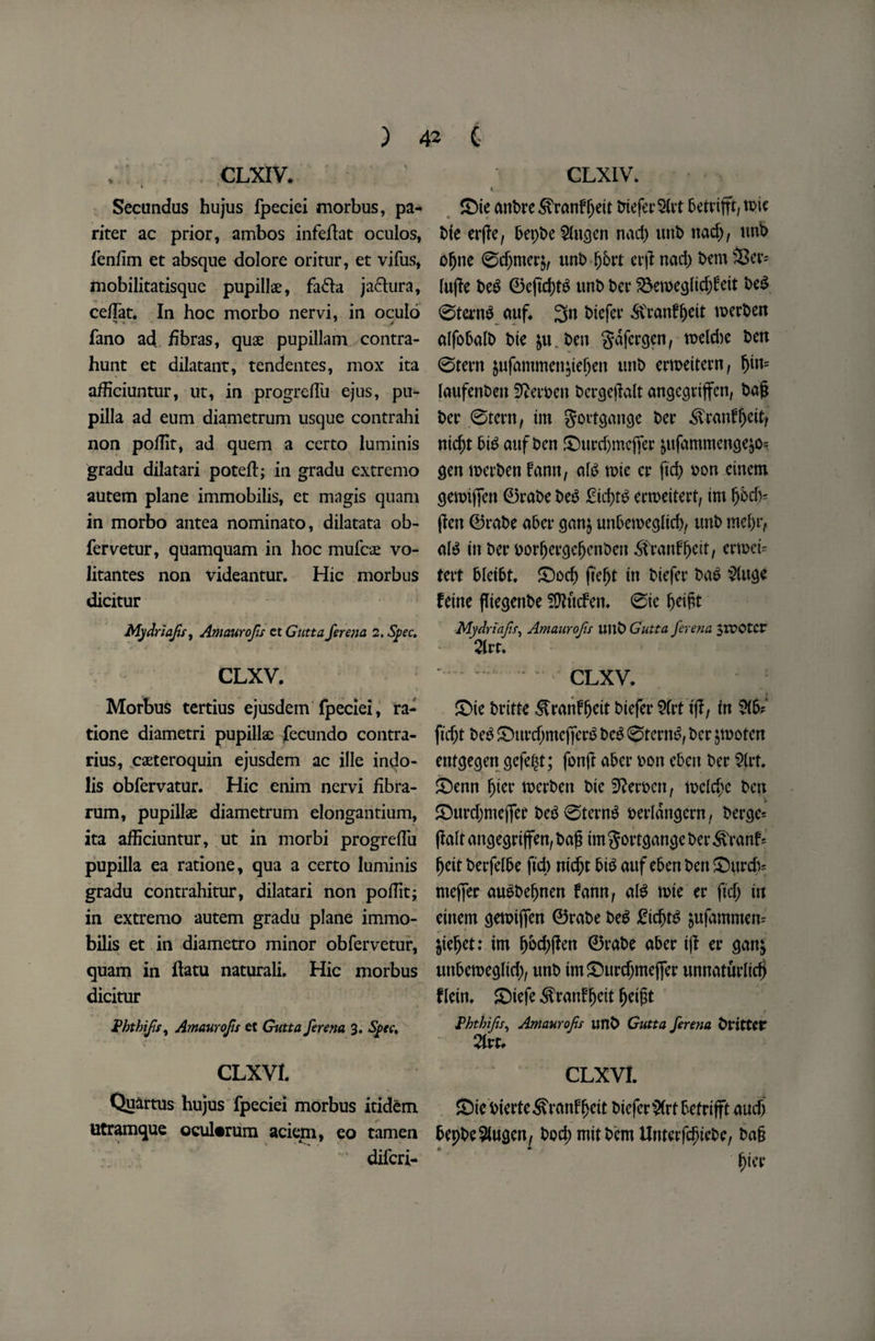 CLXIV. * * , J v- Secundus hujus fpeciei morbus, pa- riter ac prior, ambos infeilat oculos, fenfim et absque dolore oritur, et vifus, mobilitatisque pupillae, fa&a ja&ura, <% ,. ce/Tat. In hoc morbo nervi, in oculo fano ad hbras, quae pupillam contra- hunt et dilatant, tendentes, mox ita afficiuntur, ut, in progrdTu ejus, pu- pilla ad eum diametrum usque contrahi non poffit, ad quem a certo luminis gradu dilatari poteft; in gradu extremo autem plane immobilis, et magis quam in morbo antea nominato, dilatata ob- fervetur, quamquam in hoc mufcae vo- litantes non videantur. Hie morbus dicitur Mydriafis, Amaurofis et Gutta ferena 2. Spec. CLXV. Morbus tertius ejusdem fpeciei, ra- tione diametri pupillse fecundo contra- rius, caeteroquin ejusdem ac ille irtcb- lis obfervatur. Hie enim nervi fibra- rum, pupillae diametrum elongantium, ita afficiuntur, ut in morbi progrdTu pupilla ea ratione, qua a certo luminis gradu contrahitur, dilatari non poffit; in extremo autem gradu plane immo¬ bilis et in diametro minor obfervetur, quam in ftatu naturali. Hie morbus dicitur jPhtbifis, Amaurofis et Gutta ferena 3. Spec. CLXVI. Quartus hujus fpeciei morbus itidfcm Utramque oculcrum aciem, eo tamen diferi- CLXIV. £)ie anbre Sfranf fjeit biefer 5(rt 6etvifft, tbie bie erge, 6ept>e ^(uejen nad) unb nad), unb ofjtte 0d)mer$, itnt> pbrt erg ttad) bem 33er= luge be$ 0egd)t$ unb ber ^emeglidgeit be$ 0tern$ auf, 3n btefei* 5Cranf§eit tperben alfobalb bte ben gdfergen, roeldte ben 0tern ptfammengeljen unb erroeitern, f)ttt= laufettbett SRevven bergegalt angegrigen, bag ber ©tern, tm gortgattge ber ^ranffjeitj nid)t bib auf ben £)urdjmcger &ttfammenge&o= gen werben famt, alb wie er fid) oon etnem gemtgen 0rabe beb erroeitert, tm gbd}= gen 0rabe aber getnj uttbemeglid), unb megr, alb in ber borfjergcljenben S'ranffjeit, emcU tert bletbf, £)od) gef)t in biefer bab 2lttge feme fltegenbe SOtftcfen. 0ic peigt Mydriafis, Amaurofis Ullb Gutta fere?ia SlVOtcr 2ivt. CLXV. SDie britte -Stranded biefer 2frt tg, in ftefjt beb SDurdjmcgcrb beb 0terttb, ber jmoten entgegen gefe^t; fong aber bon ebett ber $lru £>enn Ijier toerbett bte ffterben, wcld)c ben ©urdjmeger beb0ternb berlattgern, berge= gait angegrtflfen, bag tm gortgange ber 3\ranf= geit berfelbe fid) ntd)t bib auf eben ben £)urcb= nteger aubbeljnen fann, alb tbte er fid) in cittern gemigen 0rabe beb £id)tb $ufammen= fcieljet: tm gbd)gen 0rabe aber tg er gan$ uttbemeglid), unb tm£)urdjmeger unnaturliefj f lein, ©iefe Sranf fjeit fjeigt Phthifis, Amaurofis unb Gutta ferena bnttCt* Qlvt, CLXVI. ©tebierte^ranffjeit biefer $(rtbefrigt aud) bepbe^iugen, bodjmitbemUnterfc^iebe, bag fjier * >