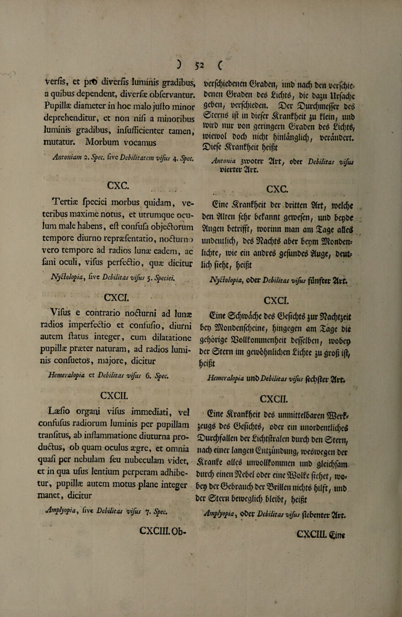 ) ! ver/is, et pr6 diverfis iuminis gradibus, a quibus dependent, diverfx obfervantur. Pupilk diameter in hoc malo jufto minor deprehenditur, et non nifi a minoribus Iuminis gradibus, infufficienter tamen, mutatur. Morbum vocamus Antoniam 2. Spec, five Debilitatem vifus 4. Spec. cxc. Tertix fpeciei morbus quidam, ve- teribus maxime notus, et utrumque ocu- lum malehabens, eft confufa objectorum tempore diurno reprxfentatio, noclurno vero tempore ad radios lunx eadem, ac fani oculi, vifus perfe&io, qux dicitur Nyttolopia, five Debilitas vifus 5. Speciei. cxci. 1' *1 , . f 1, „. Vifus e contrario no&urni ad lunx radios imperfedio et confufto, diurni autem ftatus integer, cum dilatatione pupilk prxter naturam, ad radios lumi- nis confuetos, majore, dicitur Hemeralopia et Debilitas vifus 6. Spec. CXCII. 4 • «*, . Lxfio organi vifus immediati, vel confufus radiorum Iuminis per pupillam tranfitus, ab inftammatione diuturna pro¬ duces, ob quam oculus xgre, et omnia quaft per nebulam feu nubeculam videt, et in qua ufus lentium perperam adhibe- tur , pupilk autem motus plane integer manet, dicitur Ampljcpia, live Debilitas vifus 7, Spec. CXCIII.Ob- > c p'erfc&iePenen 0raPen, imp narfj Pen ^erfe^te^ teiien ©raPen PeP M)tP, Die t>a^u lXrfad>c Sekit, perfdjiePen, £>cr £)urd)meffer PeP 0tci*n£ ift in Piefer S'ranffjeit $u fletn, imP ivii’t) uur Pott geringern ©raPen PeP £id)tP, roiemol Pod) nid)t (jinlancjlid), oeranoert, £)iefe ^ranffjeit f)e$t Antonia 3WOteL* 2Ut, Oper Debilitas vifus wetter 2lit. CXC. ' ‘ I » , - Cine ^ranfljeit Per Written $frt, meldje Pen. 2llren fefjr Pefannt gemefen, unP 5ep£>c $ttgett Petriffr, roorinn man am Sage alleS unPemlid), PeP 9?ac(jtP aPer Pepm SDIonPem lid)te, me ein anPreP gefunPeP ^Inge, Dent? lid) fiefjt, (jei|3t NyElolopia, oPet Debilitas vifus fullftet 2itt* CXCI. Cine 0djtoacf;e PeP 0efid;tP $ur 9?ad)f&eit Pep 2ttonPenfd)eine, (jingegen am Sage Pie ^cOortgc SSoIftommenfjett PefielPen, rooPet> t>cr 0tertt tm getppf;nlid)en ficjjte ju stop ift fjcifit Hemeralopia unP Debilitas vifus {ecbftet 21ft# CXCII. ! Cine ^franffjeit PeP unmittelParen ®erfr &wgp PeP 0efidjtP, oPer ein itnorPemlidjeP £)urd)fallen Per £td)tflrafen Pure!) Pen 0tern, nad) einer langcn Cnf&unPung, mePmcgen Per ^ranfe alleP unoolffommen unP ^leid;fam Purd; einen 3?ePel oPer eineSBoife ftc^et, mo. Pep Per©e6raud)Per^rillennid;tP pilft, tmP Per 0tern Peroeglid) PletPr, peigt Amplyopia, oPct Debilitas vifus fi'ePentet 2Irt. CX CIU. ©n*