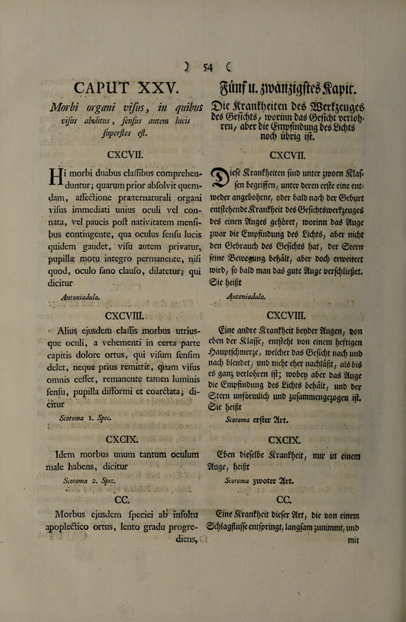 } CAPUT XXV. * * ' -0 • \ •* * * • Morbi organi vifus, in qnibtis vifus abvlitus, fenfus autem lucis fuperftes eft, CXCVII. - « . . TTi morbi duabus claflibus comprehen- A * duntur; quarum prior abfolvit quern- dam, aifedione praeternaturali organi vifus immediati unius oculi vel con- nata, vel paucis poll nativitatem menfi- bus contingente, qua oculus fenfu lucis quidem gaudet, vifu autem privatur, pupillae motu integro permanente, niii quod, oculo fano claufo, dilatetur; qui dicitur 54 C gunf UTMnj^fte^apit ©te $ranft)eiten t>eg 2Betf jeuscg ©efic^tg/ tvorimt ©eflctjt period mi/ abet tie ©mpfmfctmg fceoSicjjtS nod; ubrig ift CXCVII. ^^iefe S\ranft;eitcn ftnb untcr jmocn $Iaf* fen 5ecjrtffcn, untcr beren erffe cine ent- n>et>cr angeboljrne, ober bait) nad) ber ©ebutt cntjfeljcnbe.&ranfljeit be$©eftrf)t&berfyeugc$ beg etnen 21ugeS geljbret, toortnn bag 2luge par bie ©mpjwbung be$ aber nid;t ben ©ebraud) be£ ©eftdtfS Oat, ber 0tern fetne Skmegung beljalt, aber bod; erwettert toirb, fo balb man ba$ gate 2(ugc berfd;ltepet* 0te 1je$t Antoniadula, <• ♦ CXCVIILi *• Alius ejusdem clalbs morbus utrius- que oculi, a vehementi in certa parte capitis dolore ortus, qui vifum fenfim delet, neque prius remittit, quam vifus omnis cclfet, remanente tamen luminis fenfu, pupilla difformi et coar&ata; di- < •, /,• . ■ > atur Scotoma I. Spec, CXCIX. Idem morbus unum tantum oculum male habens, dicitur Scotoma 2. Spec. v:.\ ; ,\ v.,; v. t . CC. Morbus ejusdem fpeciei atr infultu apople&ico ortus, lento gradu progre- diens, Antoniadula, * • . r i \ ^ CXCVIII. Sine anbre .Sttanfljeif bepber Siitgen, pett cben ber .SUafje, entftef)t you eincm tjeftigert J>itipt|'d)mcrje, roeidjer bais ©eftd)t nadj unb nad) blcnbct, unb nidjtefjer uacijldjjt, ale bid cs gatij perlofjren iff; roobep aber bas Singe bie (Smpfuibnng bes £id)ts befiait, unb ber ©tern unformltd) unb jufammeitgejogen i|T. <Sie Ijeifjt Scotoma erfter 3(tt. CXCIX. ©ben biefelbe ^ranffjett, nur in etnem 2Iuge, fycifct Scotoma $\voter #rt, CC. ©me ivranfljctt biefer^lrt, bte bon einern @d;lagflnjfe entfpringt, (angfam jummmt, unb mit