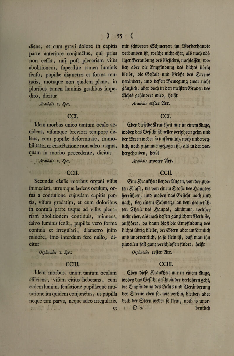 diens, et cum gravi dolore in capitis parte anteriore conjun&us, qui prius non ceflat, nifi pod plenariam vifus abolitionem, fuperdite tamen luminis fenfu, pupillae diametro et forma mu- tatis, motuque non quidem plane, in pluribus tamen luminis gradibus impe- dito, dicitur Araibdis i. Spec. CCI. Idem morbus unico tantum oculo ac- cidens, vifumque breviori tempore de¬ lens, cum pupilJie deformitate, immo- bilitate* ot coarclatione noiiadeo magna, quam in morbo praecedente, dicitur Araibdis 2. Spec. ; - CCII. Secuncte claflis morbus orsrani vifus immediati, utrumque Ledens oculum, or- tus a contuiione cujusdam capitis par¬ tis, vifum gradatim, et cum doloribus in contufa parte usque ad vifus plena¬ riam abolitionem continuis, minuens, falvo luminis fenfu, pupillve veto forma confufa et irregulari, diametro judo minore, imo interdum fere nullo; di¬ citur Orphnodes i. Spec. CCIIL Idem morbus, unum tantum oculum atficiens , vifum citius hebetans , cum eadem luminis fenfatione pupillaeque mu- tatione ita quidem conjumdus, ut pupilla neque tarn parva, neque adeo irregularis, : * . et mit fdjweren ©cf^merjett im SSorberfjauptc oerbuoben i(l, tbeldje ntd^t e^cr, ate ttad) t»M= liger$3eraubung be60eftd)te, nac&Iajfen, mo= bep aber bic (Empfinbuttg beg £id)te nbrig bleibt, bic 0e|lalt unb 0r6fte beg ©tente oeranbert, unb bejfen 23eroeguttg $mar md)t ganoid;, aber bod) in ben meijlen0raben beg £icf)tg gcfjittbert mirb, l)eigt • * Araibdis etftCt 2lt*t. CCI. (Ebettbiefelbe&ranfljcit nur tit eirtem$(uge, mobep bag 0eftd)t fcf)tteller berlpljren gcfjt, uttb ber ©tent roeber fo uttformlid), nod) unbemeg* ltd), nod) &ufammenge$ogen ijl, ate tttber oor-* bergeljcnbcit, |je$t Araibdis $WOter 2ltt. CCIL * * V J \ (Eute$ranfljeit bepber 2(ttgcn, bon ber &mo* ten Piaffe, bie bon cittern ©tofje beg ipaupteg fjerrufjret, unb toobep bag0eftd)t ttad) unb nad), bet; einem ©d)tner$e an bemgegnetfd> ten Xljeile beg £auptg, abnimmt, tbeld)cr nid)t eljer, ate ttad) bejfen gati£lid)emS}erlnjle, aufljbret, ba battn blop bic (Empjtnbintg beg £id)tg ubrig bleibt, bet* ©tent aber uttformlid) unb uttorbentlid), ja fo flein ijl, bag man if)n juroeileu fa(l gan$ betfd)lojfen ftiibet, fjetpt Orphnodes et'ftct* 2ltt* CCIIL (Ebett biefe 3\ranffjeit nur t'tt cittern $(uge, rnobep bag0cftd)t gcfd)toittbcr berlofjrcn geljt, bic (Entpftnbung beg £icbte unb ^cranbmutg beg ©tertte ebett fo, tbie borf)itt, blcibet, aber bod) ber ©tern tuebev fo flcitt, ttodj fo tutor* i D 2. bctttlidj