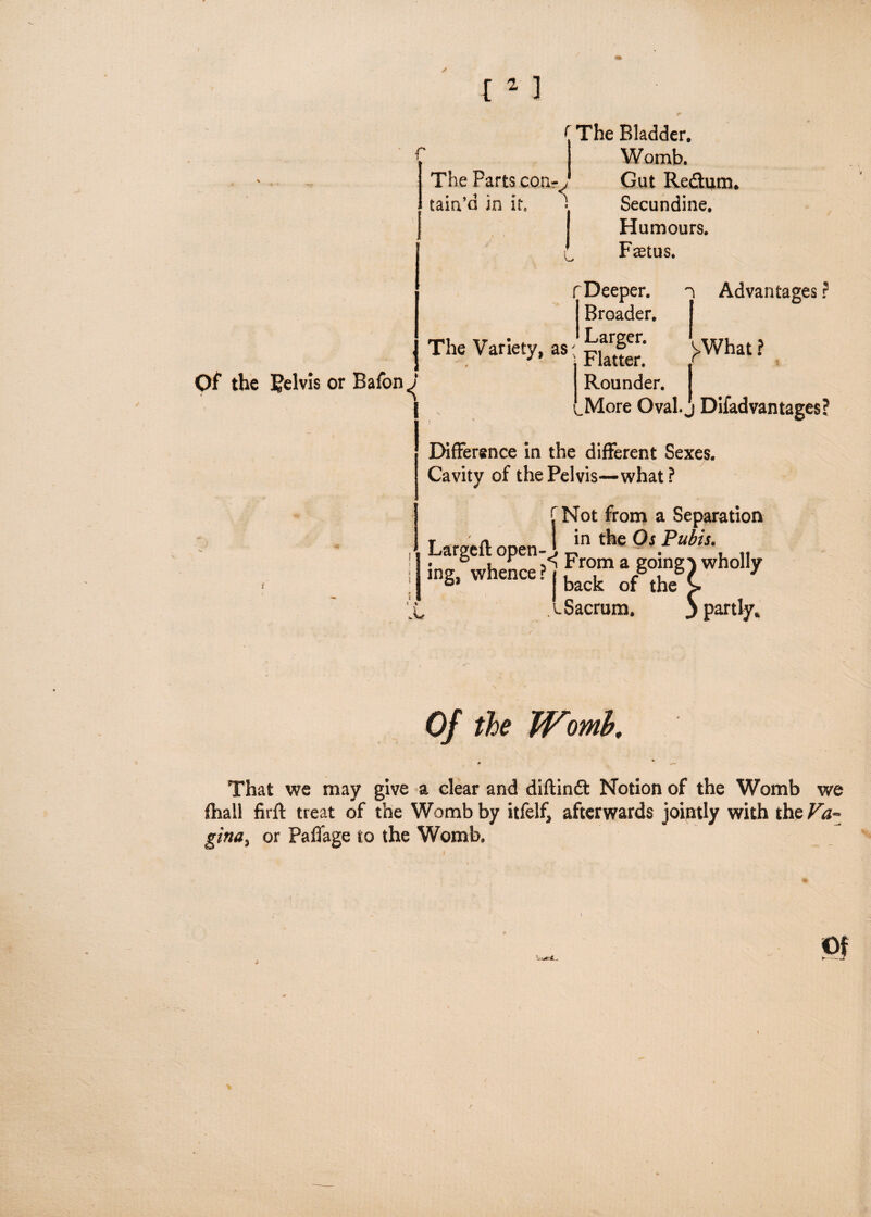 [2 ] r The Parts con? tain’d in it. r The Bladder. Womb. Gut Re&um. Secundine, Humours. Faetus. L rDeeper. n Advantages? Broader. Of the pelvis or Bafon^ The Varie,y'as eS: Rounder. J>What ? More Oval.j Difadvantages? Difference in the different Sexes. Cavity of the Pelvis—what ? Largefl open¬ ing, whence? ^Not from a Separation J in the Os Pubis. A From a going ^ wholly back of the C ..Sacrum, 5 partly* Of the Womb. •k 0 That we may give a clear and diftindt Notion of the Womb we fhall firft treat of the Womb by itfelf, afterwards jointly with the Va¬ gina > or Paffage to the Womb.