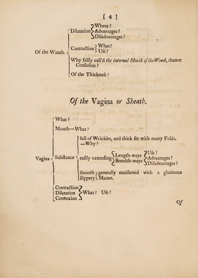 ? f Dilatation ^Advantages ? > Advantages ? jDifadvantages? Of the Womb. Why falfly call’d the internal Mouth of the Womb, thence Confufion ? i Of the Thicknefs ? Of the Vagina or Sheath. What ? Mouth—What ? full of Wrinkles, and thick fet with many Folds, —Why? Vagina ■< fmooth ^ generally moiftened with a glutinous flippery ;> Matter, What? Ufe?