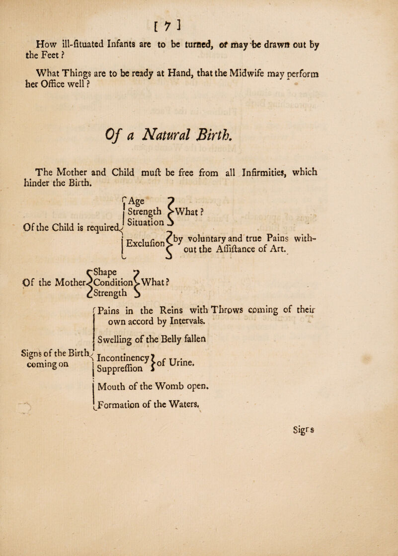 [ 1 ] How ill-lituated Infants are to be turned, of may be drawn out by the Feet ? What Things are to be ready at Hand, that the Midwife may perform her Office well ? Of a Natural Birth. The Mother and Child mull be free from all Infirmities, which hinder the Birth. Of the Child is required^ ^ Age Strength ^What? Situation Exclufion> y voluntaryand true Pains with- out the AiMance of Art. Shape Of the Mother^Condition^What? Strength Pains in the Reins with Throws coming of their own accord by Intervals. Swelling of the Belly fallen Signs of the Birth coming on j \ i i Incontinency ? of Urine> Suppreffion 1 Mouth of the Womb open. ^Formation of the Waters. Sigrs