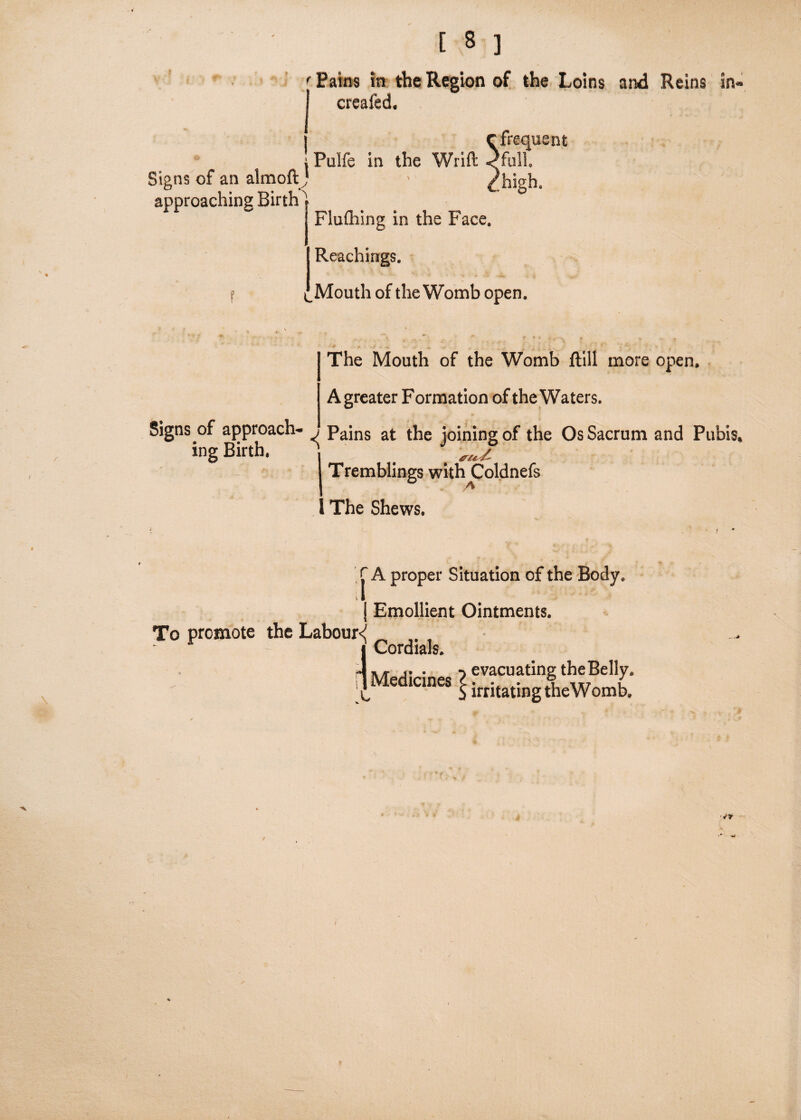 f Pains in the Region of the Loins and Reins in creafed. Signs of an almoftj approaching Birth' | c frequent Pulfe in the Wrift ->fulL chigh. Flufliing in the Face. ) Reachings, LMouth of the Womb open. The Mouth of the Womb ftill more open. A greater Formation of the Waters. Signs of approach- J pa;ns a* the joining of the Os Sacrum and Pubis, ing Birth. ^ § W Tremblings with Coldnefs A 1 The Shews. r A proper Situation of the Body. i 1 J Emollient Ointments. To promote the Labour^ I Cordials. (I Medicines evacuating the Belly, irritating the Womb. .. -4