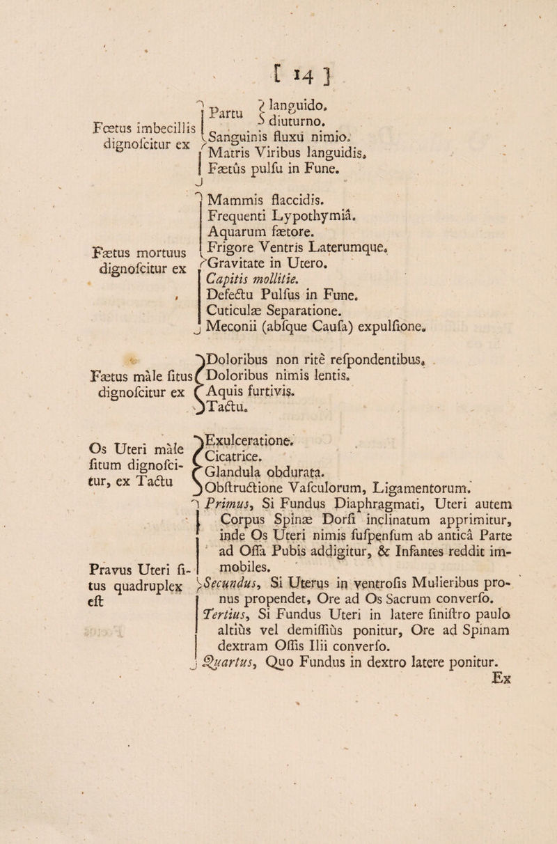 ] Partu Fanpido* Foetus imbecillis ( 5 diuturn0* dignoicitur ex Fastus mortuus dignofeitiir ex Sanguinis fluxu nimio» i^Matris Viribus languidis,» 1 Fastus pulfu in Fune. J ^ Mammis flaccidis. Frequenti Lypothymia, Aquarum faetore. Frigore Ventris Laterumque. ^Gravitate in Utero. Capitis mollitie. Defedtu Pulfus in Fune* Cuticulas Separatione, j Meconii (abfque Caufa) expulfione* |Doloribus non rite refpondentibus. Fastus male fitusf Doloribus nimis lentis, dignofcitur ex f Aquis furtivis. iTaftu. Os Uteri male litum dignofci¬ tur, ex Tadlu Pravus Uteri fi. tus quadruplex eft Exulceratione. Cicatrice. Glandula obdurata. Qbftrudlione Vafculorum, Ligamentorum, Primus, Si Fundus Diaphragmati, Uteri autem Corpus Spinas Dorfi inclinatum apprimitur, inde Os Uteri nimis fufpenfum ab antica Parte ad Offa Pubis addigitur, & Infantes reddit im¬ mobiles. ^Secundus, Si Uterus in yentrofis Mulieribus pro¬ nus propendet. Ore ad Os Sacrum converfo. Tertius, Si Fundus Uteri in latere finiflro paulo altius vel demiffius ponitur, Ore ad Spinam dextram Offis Ilii converfo. j Quartus, Quo Fundus in dextro latere ponitur. Ex