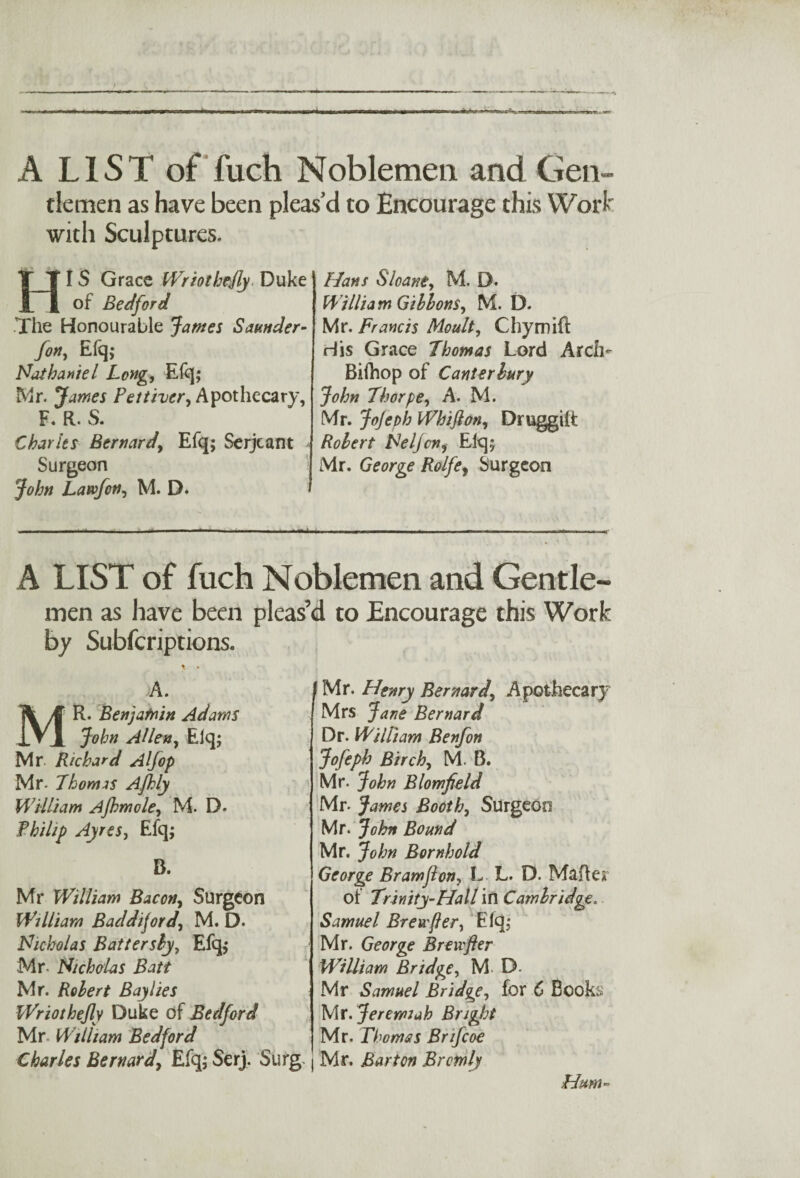 A LIST of fuch Noblemen and Gen- demen as have been pleas'd to Encourage this Work with Sculptures. HIS Grace Wriothejly Duke of Bedford The Honourable James Saunder- fon, Efq; Nathaniel Long, Efq; Mr. James Pettiver, Apothecary, F. R. S. Charles Bernard, Efq; Serjeant Surgeon John Lawfon, M. D. Hans Sloane, M. D. William Gibbons, M. D. Mr. Francis Moult, Chymift His Grace Thomas Lord Arch- Bifhop of Canterbury John Thorpe, A. M. Mr. Jojeph Whifton, Druggift Robert Neljcn, Efq; Mr. George Rolfe, Surgeon A LIST of fuch Noblemen and Gentle- men as have been pleas’d to Encourage this Work by Subfcriptions. A. MR. Benjatnin Adams John Allen, Efq; Mr Richard Alfop Mr. Thomas Afhly William Afhmole, M. D. Philip Ayres, Efq; B. Mr William Bacon, Surgeon William Bad diford, M. D- Nicholas Batter shy, Efq; Mr- Nicholas Batt Mr. Robert Bay lies Wriothejly Duke of Bedford Mr William Bedford Charles Bernard, Efq; Serj. Surg I Mr. Henry Bernard, Apothecary Mrs Jane Bernard Dr. William Benfon Jofeph Birch, M. B. Mr. John Blomfield Mr. James Booth, Surgeon Mr. John Bound Mr. John Bornhold George Bramjlon, L L. D. Maher of Trinity-Hall in Cambridge. Samuel Brewfter, Efq; Mr. George Breufer William Bridge, M. D. Mr Samuel Bridge, for 6 Books Mr. Jeremiah Bright Mr. Thomas Brifcoe I Mr. Barton Brotnly Hum-