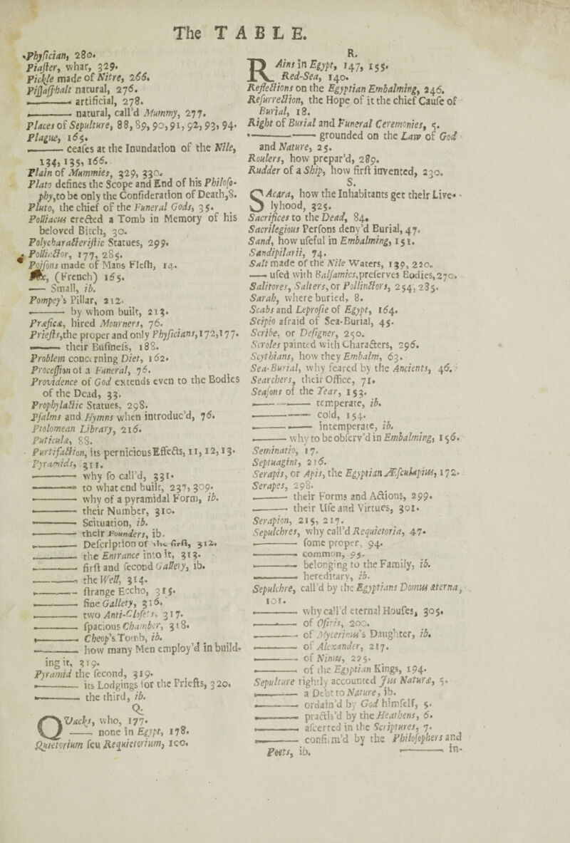 ^Phyfician, 280. Piajier, whar, 329. pickle made of Nitre, 266. pijjaffhalt natural, 276. ——-* artificial, 278. ,.— — natural, call’d Mummy, 277. places of Sepulture, 88,89,90,91, 92,93> 94- Plague, 16$. .-ceafes at the Inundation of the Nile, 134,135, 166., plain of Mummies, 329,330. Plato defines the Scope and End of his Philofo- phy,to be only the Confideration of Death,8. Pluto, the chief of the Funeral Gods, 3$. PoUiacM cre&ed a Tomb in Memory of his beloved Bitch, 30. Polychar after ijlic Statues, 299. . Pollkftor, 177, 28$. ' Poifons made of Mans Flcfh, 14. 0c, (French) i55. — Small, ib. Pompey\ Pillar, 212- •- by whom built, 213. Prafica, hired Mourners, 76. Priefls,the proper and only Vhyfidans,\’]'i,\D]. ——— their Bufinefs, 188. Problem conci rning Diet, 162* Procejjion of .1 Funeral, 7 6. Providence of God extends even to the Bodies of the Dead, 33. Prophylaftic Statues, 298. Pfalms and Hymns whets introduc’d, 76. Ptolomean Library, 216. put tat! a, 88. Purtifaftion, its perniciousEffects, 11,12,13. Pyramids, 31 r. — -— why fo call’d, 331* — -■> to what end built, 237? 3°9*, -- why of a pyramidal Form, ib. -- their Number, 310. — - Scituation, ib. — - their Founders, ib. , — Defcription or tin. firft, 3x2. _____ the Entrance into it, 313. .-.—. ffift and fecond Gallery, ib. -- the Wed, 314. .-- ftrange Eccho, 315. —— - fiat Gallery, 316* .-- two Anti-Ghfets, 317. .—-- fpacious Chamber, 318. »-—. Cheop\ Tomb, ib. ——-- how many Men employ d in build¬ ing it, 3 >9. Pyramid the fecond, 319. -- its Lodgings lor the Friefts, 320. — - the third, ib. Or , ^ Vac\s, who, 177* - none in Egypt, 178. Quietortum feu Re^uietcrium, ico. R. RAins in Egypt, 147, 155, Red-Sea, 140. Refleftions on the Egyptian Embalming, 246. Refuneftion, the Hope of it the chief Caufe of Burial, 18. Right of Burial and Funeral Ceremonies, 4. --- grounded on the Latv of God and Nature, 25. Routers, how prepar’d, 289. Rudder of a Ship, how fir ft invented, 230. S. SAcara, how the Inhabitants get their Live* - lyhood, 325. Sacrifices to the Dead, 84. Sacrilegious Perfons deny’d Burial, 47, Sand, hovvufeful in Embalming, 151. Sandipilarii, 74. Salt made of the Nile Waters, 130, 220. -ufed with Balfamics,preferves Eodies,27c. Salitores, Salters,or Pollinftors, 254, 23$. Sarah, where buried, 8. Scabs and Leprofie of Egypt, 164.. Scipio afraid of Sea-Burial, 45. Scribe, or Defigner, 2 <50. Scroles painted with Characters, 296. Scythians, how they Embalm, 63. Sea-Burial, why feared by the Ancients, 46. Searchers, their Office, 71. Seafons of the Tear, 153. .--- temperate, ib. -—_—- cold, 154. .---intemperate, ib. .-— why to be obferv’d in Embalming, 156. Seminatio, 17. Septuagint, 2 \6. Serapis, or Apis, the Egyptian JF.fcuUphu, 172- Serapes, 298. .-- their Forms and Actions, 299. —-- their life and Virtues, 301. Serapion, 215, 217. Sepulchres, why call’d Requiemia, 47* -- forne proper, 94. ■—-- common, 9$. ---— belonging to the Family, ib. .-- hereditary, ib. Sepulchre, call’d by the Egyptians Donuts sterna, ior. —-why call’d eternal Houfes, 30$. --■-- of Ofiris, 200. .— -- of Mycerinus’s Daughter, ib. -—.. of Alexander, 217. .. of Ninw, 225. .-- of the Egyptian Kings, 194. Sepulture tightly accounted Jus Nature, -- a Debt to Nature, ib. ►-- ordain’d by God himfelf, 9. ~—, practis’d by the Heathens, 6. ..afeerted in the Scriptures, 7. n. -— confism’d by the Philofophersand Poets, ib. --—' in*