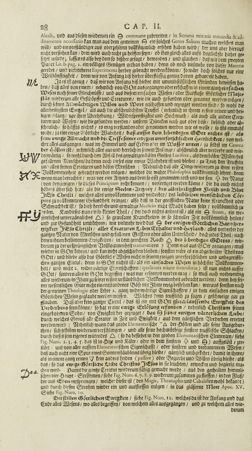 Alcali, UnD auäbtefeto miebemitum © commune jubftdten / inSiimma mutans mutandis & acU ditamends necefläriis fan manauÖDem gemeinen © ein fol($e£ Genus Salium machen tDClc&eg man will/ unb ein »er tfdnDigerauö oberstem Doüfömmlicb erfef>en haben mirb/ ber unö aber hierauf nicht Per (leben f an/Dem mirb auch nicht jubelffcnfefln/ ob ihm gleich alles aufs beudkbfte bieberge* fe|et mürbe; (affen eSalfo bei) bem fo bißber flefagt/ bemerken / unb glauben / baji mir Dem jmepten 93unctLit.b.pag. i. eint>5Utgcö ©enügen getban baben / Denn ob noch öie(me(jr con Diefer Materia gereDet/unö üiflmcbrere Experimenta ber bet) gebracht mer Den f6nten/ fomdre Ded) folcbeS nur eine ^ße itfäufftigfeit / Denn mir non Anfang bi§ bie ber überflüffig genug Dapon gehandelt baben. 3a cö tfl genug / Daß mir pon Anfang biß bieder mit unumb(tä§licben ©rünben bemiefen ba* ben/ ba§ alles pon einem/ nebmlicb Pon ©Ott ausgegangen ober erfeböffen in einemgan^einfadben XPcfert nach feiner ©leicbnüfle/ utiD au$ Dtefem einfachen Sfßefen/ober äuSfluge ©örtlicher blaje* fiat mieDerum alle ©efeböpffe unD ©reßturen / mie Die auch gefunDen ober genannt merben mögen / Durch feinen 2U!m«cbttgenXX)tU«n und Wen erfebaffen unb genüget morbenftnb/ fo mobl Die aUerbeiligften ; als auch bie abfd)eulid)ften Muffel (nebmlicb in ihrem erfien reinen unD bei« ligen©lan^/ m ihrer Uberbebung / ^BiDcrfpenfligfeitunD^odmiutb) Glöaucbaüe anDere ©rea« turenunö2Befen/miebiegefunben merben/ unferm £)üncfen noch gut ober böfe/ lieblid) ober ob* feheulieb/ fo bilfftö nichts / es mag »crflanDenoDer genommen merben mie eSmoüe/ fo if?S etnmabl mabr/iaeineemige©öttlid)e(3Bflbrbeit/ daßaujfer dem lebendigen <35<2>tc nidht& iß/ als f*me ewige 2lllu*aä)t und die Cieffe ferner ewigen urterforfcbltcbevt &ntichteit / non mel* d)?r alles auSgangen/ maS im «Simmel unb auf ©riben ober im XDaffr unten / ja felbfl im Cenn-o der holten iß/ nebmlicb alles gutunb herrlich in feinem Anfänge/ abfcheultd) aber oerberbtunb mie« bermdrtig / fo mobl Durch ben Abfall Des gemaltigen böfen ©eiltes Lucifers, als Dem böfen ^Billen beS gefallenen OD^enfdDen/ Da Denn and) DiefeS eine emige 2öabrbeiti(iunbbleibet / Den Muffeln utr allen fernen Kreaturen unb böfen €0?cnfd)en : ^ehmlichbupalle Dinge mieDerum ju ihrer erften QMfommenbcit gebracht merben mögen/ meld)cö Die mabre Philofophia poflfönimlicb lehret; Denn menn man betrachtet / mas por eine ^ir^ttet) aus Dem fo öfft genannten roth und me fen Q her ^atur (non Denjenigen / fo biefes Prinäpium recht kennen /) nerfertiget merben fönne / Die Da auch nid)tS höhere uberfid) \y\V als bie emige ©eelen*2l*8n«Y / des allerbeiltgßcn 5M'd> und 25luc Ji^lh Cbvißi / melcbeS alles unpoüfommene unb perberbte/ Deö leiblichen menftbltcben Cor« perejuüoüfommenerÖefunDheit bringet/ alfo ba§ in ber greifflicheu ^atur feine ftranefbeit ober ©cbmacbbeit iff / fobiefeb?rrh$e unD gemaltige Mediän nicht Stacht haben folte/ polifömmlid)$u •heilen, $an DiefeS nun ein fo f (einer ^beil/f Der Doch nichts anberS ift/als ein © fixum, ein me« fentlid)eSunpergdnglicbeS A) fo graufame Krankheiten in fo fchneller Seit oollfömmlicb heilen/ unb jur©efunbbeit umbfebren; mie pielmebr mirb Das © Oer ewigen (Bettlidbm^avrtibna i^tgOeit 3^fuCh>rt|n/ aller Creatnrertiltbcn^rhaltermid^evlanD/ öüfS Perberbfebet ganzen ^Ratur non ?0?enfcben unö gefallenen ©etjlern ohne allen Unter fd)eib/ DochjeDeö^betl/nach Denen ihnen beiltmmten^migfeiten/ in Dem gerechten 'Äacb A Oeö lebendigen (SKDtteo/ mie« Derutn ju berurfprüngltdKn ^oüfommenbeitaansmudren ? 2)enn maöauö©Otf geaangen /mui mieberin ©ött fehren / unb fan nicht abgefchiebcn bleiben /fonjfenmdre eö einabgetheilter ^heilnon ©Ott / unb bliebe alfobaö ©öttlid e2Ö3efcnnid)tinfeinfm emigen unerforfchlid)en unb unbegreiffli« eben ganzen ^ircul; Denn in ©Ott nichtdiR/alö ein einfache \pefen in höd)fier ^ßollfommen« heit/ unb nid)t z. miDermdrtige 0genfchafftcn (qualicates mixrx fecundari^) ift nun niebtöauffet ©Ott/ fonDernaÜeötn ©Ott begriffen / maönur erfonnen merben mag / fo mufj aud) nothmenDig aüeö mieDerum in Obuie ^u feiner elften urfidnb!iä)en Q3ollFommenheit gebracht merben / Denn bet) fei* ner mefentlid)en ©tite md)t ein entjlanbeneö 55öfe mit3bme emig belieben fan / morauö fonfirn nadb Der gemeinen Theologie ober £ebre 2. gan^ miDermdrtige gigenfehafften / in Dem einfachen emtgen ©öttlid)en^BefengeglaubtmerDenmü|Jen. ^Belcheb Denn teujflifd) fagen / gefchmeige gar glauben. S)a§ aber fein ganzer ©rcul / Daö ift ein mit ©Ott gUtcblauffende t£xcit$zit bee X)erOerben6fet)n fönne/ fo bat er eine ewige ^rrlofung erfimben / nebmlich C^rifium feinen eingeboren ©oh,n / oon ^migfeitber gejeuget / Oao © feiner ewigen vtocriiefoen Hie bei Durd) melcfccö ©enu§ alle dreatur in 3eit unb (^migfeit /jiuß Dem gänzlichen Q3erberben errettet merben mirb : ^ehmlich mann Daö grobe Elemcntarifche “A Der Zöllen unb alle feine ?luögebur* then/ fid) felbfien mieDerum ocrfchlingcn / unb alle feine bod)mütbige jünfiere teufflifebe ©chlacfen/ Durch biefeö fein eigene^ mütenbe6 A (fo Da behebet in Den groben Elementarifcben ©(erneuten / fiebe Fig.Num. 2.5. 4. f. Daö i|lin^ii^ unb 5fdlte 1 ober in Dem jwjiern unD Q) auffgelö(i / jer# ilört / unD oon aller cuffern Elementarifcben ©igenfehafft / oDer jfnflcrn unb oerbammtem ^öefen/ ba§ auch nicht eine ©pur eineö©onnenfldubleinö übrig bleibe / gänzlich umbgefehrt / Damit in ihnen/ ßlö in einem ganz reinen y fein anberö SeiDcn (paffive) oDer ^SegierDe unb Villen übrig bleibe / ali Dao / fo Daö cw;ge(ßocrJict)c iltd)c C^ifinö'Jtgfue in fte lcud)ten/ ermeefen unD begierig ma« d>fnmtrD. Damit Die ganZc©reatur mieDerum fähig gemacht merbe / auö Den geteilten himmli» fchen oier Tjaupt * ©tröbmen / ftebe Fig. Num. 6.7.8. ?. mieDerum jufammen ju füeffen / in Den g(u§/ Der auö *ifoen entfprunqcn / melche1* Diefer ift (Den Magis, Theoiophis unD Cabaliften mohl befanbt) unb Durch biefen ©trohm mieber ein unb auöftieffen mögen / in Da$ gläserne tllcer Apoc. xv. ©iehe Fig.Num. i o. 2>erfiillen©ottl<d)ettiE»?tg0dt / ftef>e Fi^* 11. melcheö Da i(t Der Anfang unb Dad €nDe alleö ^efenö / mo alieö begriffen / Don melchem alleö auögegangen / unD ju meinem alleö mie* Demm