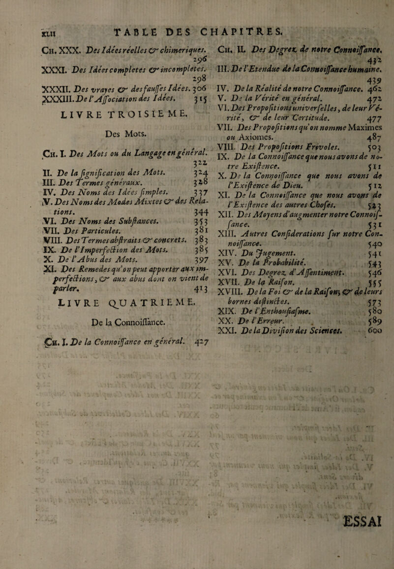 TABLE DES CHAPITRES, xui Ch. XXX. Des Idées réelles CT chimériques. 2 $6 XXXI. Des Idées completes CT incomplètes. 298 XXXII. Des vrajes CT desfaujfes Idées. 306 JXXXIII.i?*?VAJfociationdes Idées. 315 LIVRE TROISIEME. Des Mots. Ch. I. Des Mots ou du Langage en général. 322, ÏI. De la fgnif cation des Mots. 324 III. Des Termes généraux. 328 IV. Des Noms des Idées Jimples. 337 \. Des Noms des Modes Mixtes CT des Rela¬ tions. 344 ,VI. Des Noms des Subfiances. 3^3 VII. Des Particules. 3 81 VIII. DesTermes abflr ait s CT concrets. 383 IX. De ITmperfeéhon des Mots. 385 X. De l'Abus des Mots. 397 XI. Des Remedes qu’on peut apporter aux im¬ perfections 3 CT aux abus dont on vient de parler» 4I3 LIVRE QJJ A T R I E M E. De la Connoiflànce. <Ch. I. De la Connoifance en général. 427 Ch, U. Des Degree de notre Connoijfance. 4$'* III. De l’Etendue de la Connoijfance humaine. 435? IV. De la Réalité de notre Connoijfance. 462 V. De la Vérité en général. 472 VI. Des Proportions univerfelles, de leur Vé¬ rité, VT de leur Certitude. 477 VII. Des Proportions qu'on nomme Maximes ou Axiomes. 487 VIII. Des Proportions Frivoles. 503 IX. De la Connoijfance que nous avons de no¬ tre Exiflence. 511 X. De la Connoijfance que nous avons de l’Exifence de Dieu. 512 XI. De la Connoijfance que nous avons de l’Ex;fence des autres Chofes. 523 XII. Des Moyens d’augmenter notre Connoif- fance. 531 XIII. Autres Conf derations fur notre Con¬ noijfance. 540 XIV. Du Jugement. 541 XV. De la Probabilité. 543 XVI. Des Degree d‘ AJfentiment. 546 XVII. De la Raifon. 555 XVIII. De la Foi CT de la Raif CT de leurs bornes difhnébes. 573 XIX. De l’Entboufafme. 58g XX. De l’Erreur. 589 XXI. De la Divif on des Sciences. 6go ESSAI