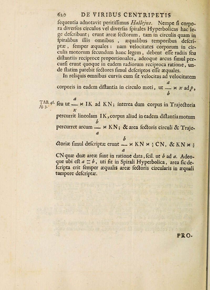 fequentia adnotavit peritiflimus Hallejus. Nempe fi corpo¬ ra diverfos circulos vel diverfas fpirales Hyperbolicas hac le¬ ge defcribunt; erunt arex fertorum , tam in circulis quam in lpiralibus illis omnibus , xqualibus temporibus defcri¬ ptx , femper xquales : nam velocitates corporum in cir¬ culis motorum fecundum hanc legem , debent efte radiis feu diftantiis reciproce proportionales, adeoque arcus fimul pcr- curfi erunt quoque in eadem radiorum reciproca ratione, un¬ de ftatim patebit fedores fimul defcriptos effe xquales. In reliquis omnibus curvis cum fit velocitas ad velocitatem a corporis in eadem diftantia in circulo moti, ut_x x ad/, b -r a TAB.46. feu ut— x IK ad KN; interea dum corpus in Trajedoria x percurrit lineolam IK, corpus aliud in eadem diftantia motum b percurret arcum — x KN; &area fedoris circuli & Traje- a b dorix fimul defcriptx erunt — x K N x 2 C N, & K N x | a CN qux dux arex funt in ratione data, fcil. ut b ad a. Adeo¬ que ubi eft a ~ b, uti fit in Spirali Hyperbolica, area ftcde- fcripta erit femper xqualis arex fedoris circularis in xquali tempore defcriptx. PRO-