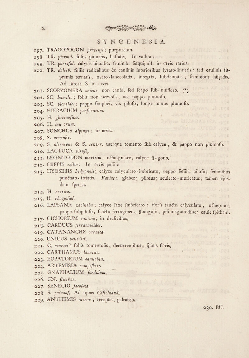 SYNGENESIA. 197. TRAGOPOGON pratenfe, purpureum. 198. TR. picroid. foliis pinnatis, haflatis. In vallibus. 199. TR. porrifol. calyce bipollic. feminib. fefquipoll. in alvis rarius. 200. TR. dalech. foliis radicalibus. & caulinis interioribus lyrato-linuatis ; fed caulinis fu- premis, ternatis, ovato - lanceolatis , integi is * fubdeiitatis ; feminibus hifpidis* Ad bttora & in arvis. 201.. SCORZ.ONERA orieut. non caule, fed fcapo fub • unifloro. (*) 20 2. SC. humilis; foliis non ner volis, nec pappo plumofo. ,203. SC. picroides; pappo fimplici, vix pilofo, longe minus plumofo. 204.. HIER AOUM perforatum* 205. H. glutinofum*. 206. H.. mu orum* 207. SONCHUS alpinus; in arvis.. 208. S. arvenfis. 209. S oleraceus & S, tenerr* uterque tomento fub calyce ,, & pappo non plumofo. 210. LACTUCA virojii. 21 \* LEQNTGDON mavitimoct angulare.-, calyce: 8 - gono. 212. CRFPX5 tector*. In arvis paffim 213. HYOSERIS hedjpnois; calyce calycnlato- imbricato; pappo fefTili, pilofo; feminibus punclato - friatis. Variati glaber; piiofus; aculeato-muricatus; tamen ejus¬ dem fpeciei. 214. H cretica.. 215. H rhngadiol. 216. LAPSANA zacintha °x calyce laxe imbricato-;- Roris fructu calycnlato , oclagono; pappo fubpilofo , fruclu ferrugineo,, g-angulo . pifimagnitudine; caule fpithani. 217. CICHORIUM eu divi a;. in declivibus... 218» CARDUUS lerratuloides. 219. CATANANCHE carulea. 220. CNICUS benedvt* 221. C. acarna ? foliis tomentolis . decurrentibus;-, fpinis flavis. 2 2 2. CARTHAMUS lanatus*. 223.. EUPAT0R1UM e anu ah in* 524. ARTEMISIA campe (iris* 225. G N APH ALIU M for didunt*. 226. GN. fteschas*. 227. SENECIO jacobcea. 228* S. paluclof* Ad aquas Cajlclnaud* 229* ANTHEM1S arvens; receptae, paleaceo. 230. BU-