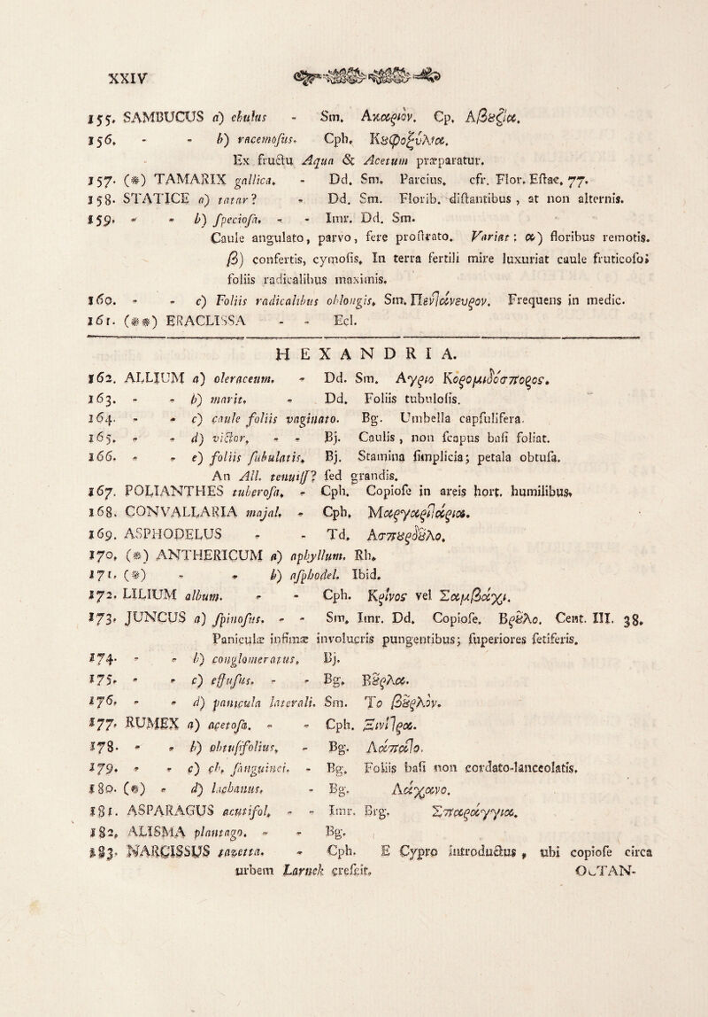 155» SAMBUCUS a) chuhs - Sm» A>tocqiQV. Cp, A/3&£s#. 156* - - b) vacemo/us. Cph, KsCftojZvAiM. Ex fructu Aqua <3t Acetum praeparatur. 157. (#) TAMARIX gallica. - Dd. Sm. Parcius, cfr. Flor, Eftac. 77, 158- STATICE 0) tntar ? - Dd. Sm. Florib. diftantibus , st non alternis. 159. * »» b) fpecioja, « - Imi*. Dd. Sm. Caule angulato, parvo, fere proftrato, Variat: C&) floribus remotis. /3) confertis, cyrpoiis, In terra fertili mire luxuriat caule fruticofo* foliis radicalibus maximis. %6q. * - c) Foliis radicalibus oblongis» Sm. flevictvsvgov, Frequens in medie. 161. (**) ERACLISSA - * Ecl. '■ • '*• ■' ... ’■!■ 11 l- -I-—I-----..-. —— -1 - ' ■■ mn. .1 I . »■ r r , ^ HEXANDRIA. 162. ALLIUM «) oleraceum, - Dd. Sm. Aygto KeqojJUooirrfoQQS. 163. - - b') niarit, . Dd. Foliis tubulolis. 164. - . c) caule foliis vaginato. Bg. Umbella capfulifera. 165. « d) victor, * * Bj. Caulis, non fcapus bufi foliat. 166. * «• e) foliis fubulatis,, Bj. Stamina Ampli da; petala obtufa. An AlL tenuilfl fed grandis. 167. POEIANTHES tuhprofa, *- Cph. Copiofe jn areis fioit. humilibus, 168. CONVALLARIA majaU * Cph. fAoc^yot^?icC(^io&* 169. ASPHODELUS , - Td. Aa-7T^S8Ao. 170. (#} ANTHERICUM a) apbyllunt, Rh„ I7E» (#) * » i>) flfpbotld. Ibicj. 172, LILIUM album. «■ * Cph. Kulvos ve! 173* JUNCUS /7) fpinofus, ~ - Sm, Xmr. Dd. Copiofe, B^Ao. Cent. III. 38, Panicula infimae involucris pungentibus; fuperiores fetiferis. ^74* * b) conglomeratus, Bj. *75» * » c) effufus. - - Bg, B%Actf. 175. <* • d) panicula laterali. Sm. T0 (3&gAov. I77. RUMEX <f) acetofa. ~ * Cph. givllgoo. 178- * * b) pbtuffolius, - Bg. Aoctj:cP;o, 179. » * r) cA /anguinei, - Bg. Foliis bah sion eordato-knceolatis. l8o» (#) * hchanus, - Bg. Ad%&yo, ijx. ASPARAGUS acutifof - » Jmr. Brg. Idrictqciyyioc. j§2, ALISMA plantago. ~ - Bg. Ii3^ NARCISSUS fnpetta. * Cph. E Cypro introductus , «hi copiofe circa urbem Larmk creftit» OoTAN-