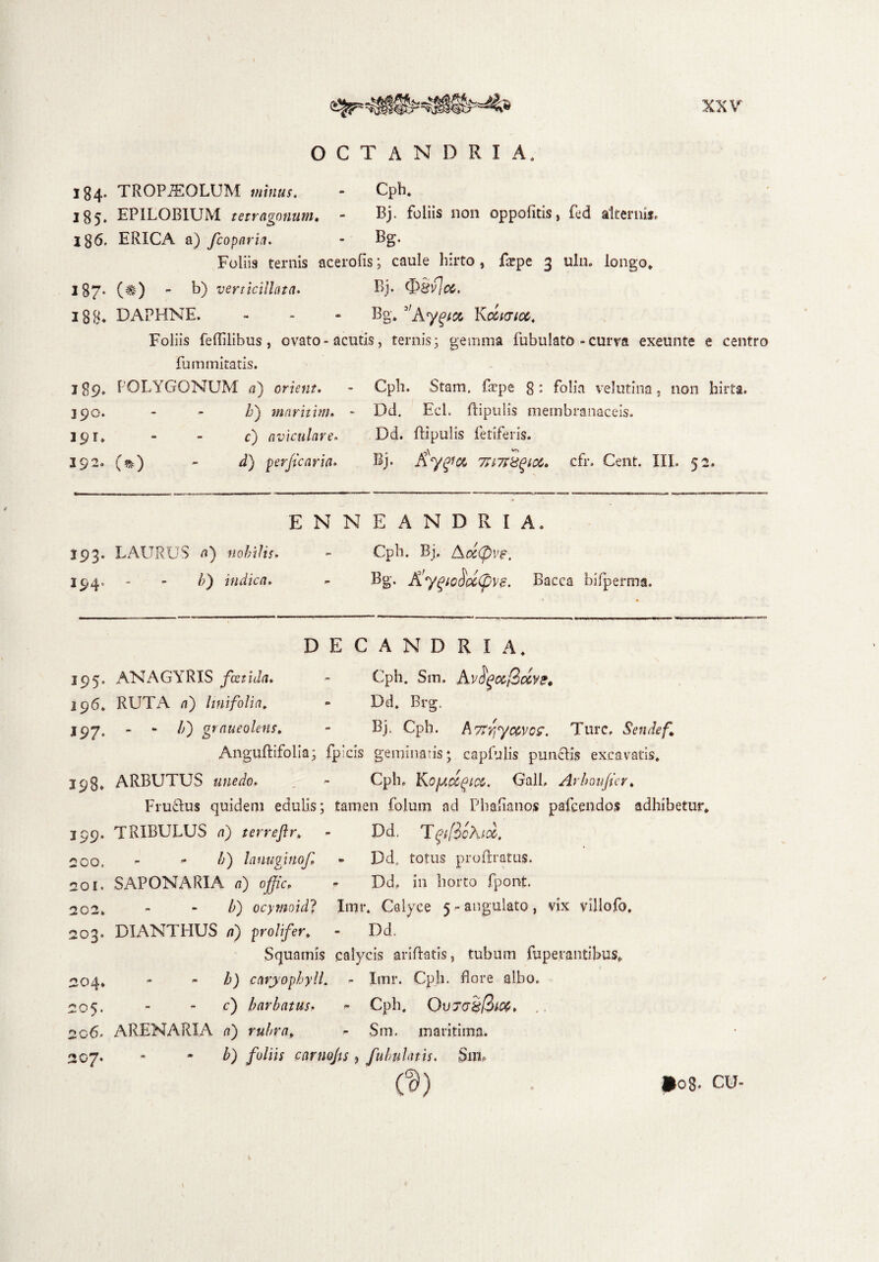 OCT ANDRI A, 134. TROPiEQLUM minus. - Cph. 185. EPILOBIUM tetragonum. - Bj. foliis non oppofitis, fed alternis. ERICA a) fcoparia. - Bg, Foliis ternis acerofis; caule hirto , ftepe 3 uln. longo» 187* (#) - b) verticillata. Bj. <&8v]c6. 18 8* DAPHNE, - - - Bg. 31Aygt» Kccktioc. Foliis feflilibus, ovato - acutis, ternis 3 gemma fubulato - curva exeunte e centro fu minitatis. 189. POLYGONUM a) orient. - Cph. Stam. faepe g; folia velutina, non hirta. 390. - - h) tnarittm. - Del. Ecl. Ripulis membranaceis. 391» - - c) aviculare. Dd. Ripulis fetiferis. 192. (^) - d) perficaria. Bj. A'yfa 77i7t8^ioi. cfr. Cent. III. 52. ENNEANDRIA. 193. LAURUS /1) nobilis. - Cph. Bj, Ac£(fi)ve, 194» - - /;) indica. - Bg. Ky^icSocCpvs. Bacca bifperma. DECANDRIA. 195. ANAGYRIS foetida. ~ Cph. Sm. Av^ocj3pcve» 196. RUTA /7) linifolia. - Dd. Brg. 197. - * /0 graueolens. - Bj. Cph. A7rqycwoe. Ture, Sendef AnguRifolia; fpicis geminatis; capfulis punclis excavatis, 398, ARBUTUS unedo. - Cph. Ko/j.d^icc. Gall, Arhoufier. Fructus quidem edulis; tamen foluin ad Phalianos pafcendos adhibetur* 399. TRIBULUS d) terreflr. - Dd, T^/3<?A^, 200. - - /;) lanuginof - Dd, totus proRratus. 201. SAP ON ARI A a) offic, - Dd. in horto fpont. 202. - - /;) ocymoid? Imr, Calyce 5-angulato, vix yillofo* 203. DIANTHUS rt) prolifer. - Dd. Squamis calycis ariRatis, tubum fuperantibus* 204. - 0 caryophyll. - Imr. Cph. flore albo. 205. - - c) barbatus. - Cph, OuT(7§/3*#» 2c6. ARENARIA n) rubra. - Sm. maritima. 207. - - b) foliis cnrnojis 9 fibulatis. Sm. CB) P08. CU-