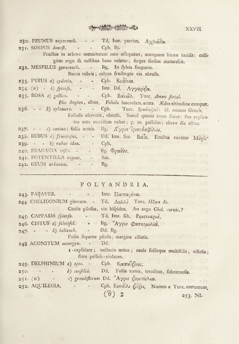 23 o> PRUNUS 'oxyacanth* - - Td, Imr. parcius AyXct^a. 23 r. SORBUS domeft* - - Cph. Bj. Fructus in arbore maturitate in non aflequitur, antequam hiems incidat:: colli¬ gitur ergo & veftibus bene velatur; fic que fenfim maturefck. 232* MESPILUS pyracantL - Bg. I11 fylvis frequens. Saccis rubiis ; calyce fructu que vix obtufo. 233. PYRUS a) cydonia* - - Cph. Rujovtcc, 234. (#) - b) fpiuofi. - - Imr. Del, Ayy^yCx, 23y* ROSA a) gallica. - - Cph. BoswSA. Ture. Atnmi ferini Flos duplex, albus, l^oliola lanceolata5acuta. JEd.esaltitudine exaequat. 236» - - b) ephemera. - - Cph. Ture. Symbadjul: id. nomen Grsrcis, Foliolis oh ovatis, obtufo. Semel quovis anno Roret: flos explica¬ tus ante meridiem ruber; p, m. pallidus; altero die albus. 237. - - c) canina; foliis acutis. Bg. Ky^ict IgtctvSoiCpjFuz. 23 li- RUBUS a) fruticofus* - - Dd. Imr. Sm. Bo&lo, Fruclus vocatur 239. - - /;) rubus i da a. - Cph» 240. FRAGARIA vefca, - - Bg.. <L^SAL 2 41. POTENT ILLA repens, - Sm. 242* GEUM urbanum* ~ - Bg. POLYANDRIA. 243. PAPAVER. - - Imr. Ilccr7i'ci^8voc. 244.. CHELIDONIUM glaucum. - Td. AoKKs, Ture. Hdwa dt« Caulis pilofus, vix hifpidus. An ergo CheL coruic* ? 245. CAPPARIS fpinofa, - Td, Imr. Rh. Yt-jAOVto&^id, 246. CISTUS a) falviifoh *■ Bg. Ky^to (pciaKo/uiAiOC* 247. - - b) hdianth» - Dd. Bg. Foliis fuperne pilofis; margine ciliatis. 24S ACONITUM wonogyn. - Dd. I - capfulare ; neclario unico ; caule foliisque multifidis , villofo; flore pallide - violaceo. 249. DELPHINIUM a) ajnc« - Cph 250« - - b) confolid» Dd. Foliis ternis, teretibus, fubcarnofis. 251. (#) - c) grandiflorum Dd. 9,Aygio dttymfAioz. 252- AQUILEGXA. - - Cph, KefVtJiA/ Nomen a Ture* mutuatum, ($) 2 253. NI-