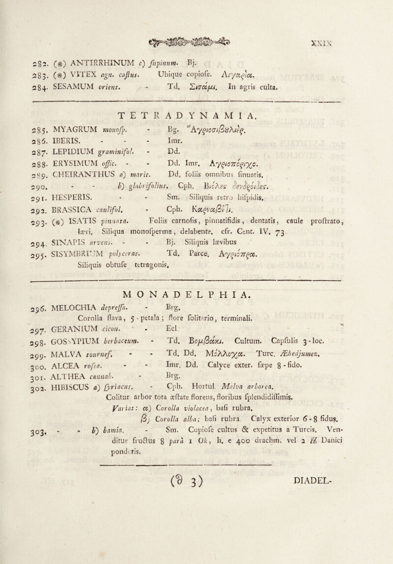 2S2. (#) ANTIRRHINUM c) fu pinum- Bj. 283. (#) VITEX agn. cafius. Ubique copiofe. Aiyct^ioc. 284- SESAMUM orient. - Td. ^tcro&fxi. In agris culta. T E T R A D Y N A M I A, 285. 286. 287- 288* MYAGRUM monofi. IBERIS. LEPIDIUM graminifoJ. - ERYSIMUM ojjic. - CHEIRANTHUS a) 290. 295. 292. 293. n O 4- 295' Bg. Aygfo<rt@8ht?g. Imr. Dd. Dd. Imr, Ay^iomoqiyp. Dd* foliis omnibus finuatis. /0 glnbrifollus. Cph, BiC/\&£ tWJW/JW. HESPERIS. - - Sm. Siliquis retro hifpidis. BRASSICA caullfil. - Cph. Kxgvccjil it. ISATIS pinnata. Foliis carnofis, pinnatifidis, dentatis, caule proftrato. laevi. Siliqua monofperms, delabente. cfr. Cent. IV. 73. SINAPIS arvens. - - Bj. Siliquis laevibus SISYMBRIUM pol} ceram Td. Parce. hyqtOTtPoc. Siliquis obtufe tetragonis* 296. 297. 298- 299- 30°. 301. 302. 3°3' MONADELPHIA. MELOCHIA deprejjh. - Brg. Corolla Rava, 5 - petala ; flore folitario, terminali. GERANIUM clcon. - Ecl. GOSsYPIUM herbaceum. - Td. BofJi$oZxt. Cultum. Capfulis 3-loc. MALVA toumef. - - Td. Dd. MoAAg%«. Ture. /Ehedjumez. ALCEA rofea. - - Imr. Dd. Calyce exter, fepe 8 - fido. ALTHEA cannab. - Brg. HIBISCUS a) fyriacus. - Cph. Hortui. Malva arborea. Colitur arbor tota aeftate florens, floribus fplendidiflimis. Vat i at •* Ci) Corolla violacea , bafi rubra, /3; Corolla alba; bafi rubra Calyx exterior 6 - 8 fidus. b) bamia. - Sm. Copiofe cultus St expetitus a Tureis, Ven* ditur fruclus 8 para 1 Ok, 1). e 400 drachm. vel 2 U. Danici pondt. ris. DIADEL-