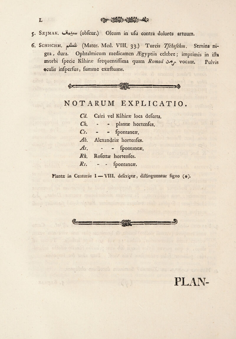 t 5. S^EjMAK, (obfcur.) Oleum in ufu contra dolores artuum. 6, SCHISCHM, (Mater. Med. VIII. 33.) Tureis Tfchefthm. Semina ni¬ gra , dura. Ophtalmicum medicamen iEgyptiis celebre: imprimis in iffa morbi fpecie Kahirae frequentiffima quam JRomad 0^ vocant. Fulvis ©culis infperfus, fumme exaeftuans. NOTARUM EXPLICATIO. Cd. Cairi vel Kahirae loca deferta. Ch, ~ - plantae hortenfes. Cs, - - fpontanese. Ah, Alexancjriae hortenfes. As, - - ipontaneae. Rh, Rofettae hortenfes. Rs, - - fpontaneae. Plantae in Centuriis 1 — VIII. deferiptae, diftinguuntur figno (#). PLAN-